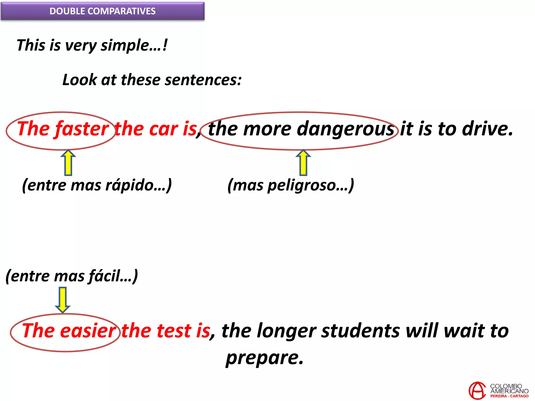 DOUBLE COMPARATIVES
This is very simple…!
Look at these sentences:
The faster the car is, the more dangerous it is to drive.
(entre mas rápido…) (mas peligroso…)
The easier the test is, the longer students will wait to
prepare.
(entre mas fácil…)
 