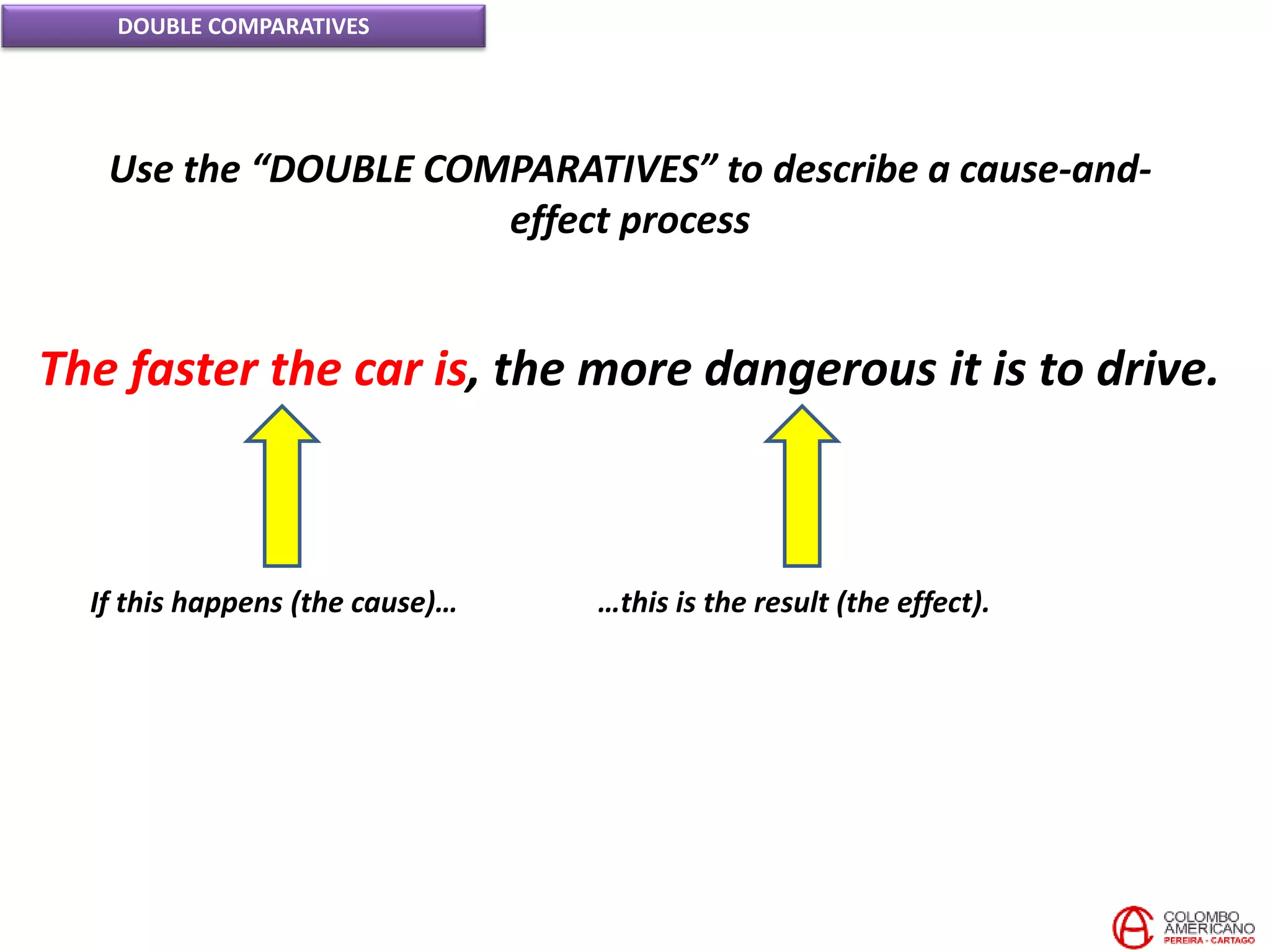 DOUBLE COMPARATIVES
Use the “DOUBLE COMPARATIVES” to describe a cause-and-
effect process
The faster the car is, the more dangerous it is to drive.
If this happens (the cause)… …this is the result (the effect).
 