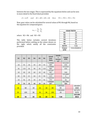 10	
between	the	two	stages.	This	is	expressed	by	the	equations	below	and	can	be	seen	
in	more	detail	in	the	Excel	sheet	provided.	
	
Now,	gear	ratios	can	be	calculated	for	several	values	of	N1	through	N6,	based	on	
the	equation	for	compound	gears:	
	
where			N2	=	N6			and			N3	=	N5	
The	 table	 below	 includes	 several	 iterations	
performed	before	settling	on	the	values	shown	on	
the	 right,	 which	 satisfy	 all	 the	 constraints	
provided.	
	
	
N1	 N2	 N3	 N4	 N5	 N6	
	Actual	
Gear	
	Ratio	
Satisfie
s	
Geomet
ry?	
Output	
RPM	
18	 55	 18	 45	 18	 55	
7.638888
889	 		
523.6363
636	
36	 110	 36	 90	 36	 110	
7.638888
889	 		
523.6363
636	
18	 40	 18	 60	 18	 40	
7.407407
407	 		 540	
20	 50	 21	 64	 21	 50	
7.619047
619	 		
525.0000
0	
18	 56	 18	 44	 18	 56	
7.604938
272	 		
525.9740
26	
18	 54	 18	 46	 18	 54	
7.666666
667	 		
521.7391
304	
18	 60	 18	 41	 18	 60	
7.5925925
93	 		
526.829
2683	
35	 105	 36	 91	 36	 105	
7.5833333
33	 		
527.472
5275	
20	 56	 20	 56	 20	 56	 7.84	 		
510.204
0816	
	
	
	
GEAR	TEETH	
N1	 20	
N2	 56	
N3	 20	
N4	 56	
N5	 20	
N6	 56	
RATIO	 7.84	
Output	
RPM	
510.2040816	
 