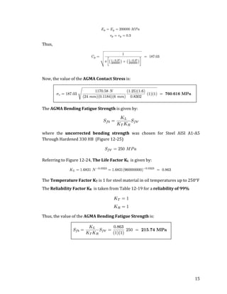 15	
	
Thus,	
			 	 	
Now,	the	value	of	the	AGMA	Contact	Stress	is:	
								 	
The	AGMA	Bending	Fatigue	Strength	is	given	by:	
	
where	 the	 uncorrected	 bending	 strength	 was	 chosen	 for	 Steel	 AISI	 A1-A5	
Through	Hardened	330	HB		(Figure	12-25)	
	
Referring	to	Figure	12-24,	The	Life	Factor	KL		is	given	by:	
	
The	Temperature	Factor	KT	is	1	for	steel	material	in	oil	temperatures	up	to	250°F		
The	Reliability	Factor	KR		is	taken	from	Table	12-19	for	a	reliability	of	99%	
	
Thus,	the	value	of	the	AGMA	Bending	Fatigue	Strength	is:	
	
	
	
	
 
