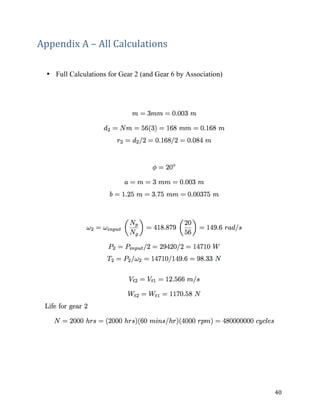 40	
Appendix	A	–	All	Calculations	
	
• Full Calculations for Gear 2 (and Gear 6 by Association)
 