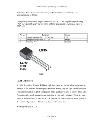 Smart automation system (using social networks)
thermistor. It also possess low self-heating and does not cause more than 0.1 oC
temperature rise in still air.
The operating temperature range is from -55°C to 150°C. The output voltage varies by
10mV in response to every oC rise/fall in ambient temperature, i.e., its scale factor is
0.01V/ oC.
Pin no. Function Name
1 Supply voltage; 5V (+35V to -2V) Vcc
2 Output voltage (+6V to -1V) Output
3 Ground (0V) Ground
LM35
6.2.4.1 LDR sensor:
A Light Dependent Resistor (LDR) or a photo resistor is a device whose resistivity is a
function of the incident electromagnetic radiation. Hence, they are light sensitive devices.
They are also called as photo conductors, photo conductive cells or simply photocells.
They are made up of semiconductor materials having high resistance. There are many
different symbols used to indicate a LDR, one of the most commonly used symbol is
shown in the figure below. The arrow indicates light falling on it.
Working Principle of LDR
AIT 2015-16
25
 