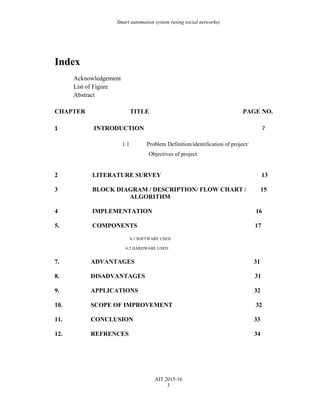 Smart automation system (using social networks)
Index
Acknowledgement
List of Figure
Abstract
CHAPTER TITLE PAGE NO.
1 INTRODUCTION 7
1.1 Problem Definition/identification of project/
Objectives of project
2 LITERATURE SURVEY 13
3 BLOCK DIAGRAM / DESCRIPTION/ FLOW CHART / 15
ALGORITHM
4 IMPLEMENTATION 16
5. COMPONENTS 17
6.1 SOFTWARE USED
6.2 HARDWARE USED
7. ADVANTAGES 31
8. DISADVANTAGES 31
9. APPLICATIONS 32
10. SCOPE OF IMPROVEMENT 32
11. CONCLUSION 33
12. REFRENCES 34
AIT 2015-16
3
 
