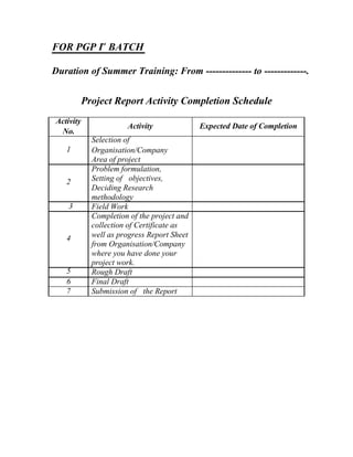 FOR PGP Ist
BATCH
Duration of Summer Training: From -------------- to -------------.
Project Report Activity Completion Schedule
Activity
No.
1
2
3
4
5
6
7
Activity
Selection of
Organisation/Company
Area of project
Problem formulation,
Setting of objectives,
Deciding Research
methodology
Field Work
Completion of the project and
collection of Certificate as
well as progress Report Sheet
from Organisation/Company
where you have done your
project work.
Rough Draft
Final Draft
Submission of the Report
Expected Date of Completion
 