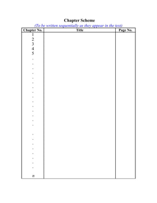 Chapter Scheme
(To be written sequentially as they appear in the text)
Chapter No.
1
2
3
4
5
.
.
.
.
.
.
.
.
.
.
.
.
.
.
.
.
.
.
.
.
.
.
.
n
Title Page No.
 