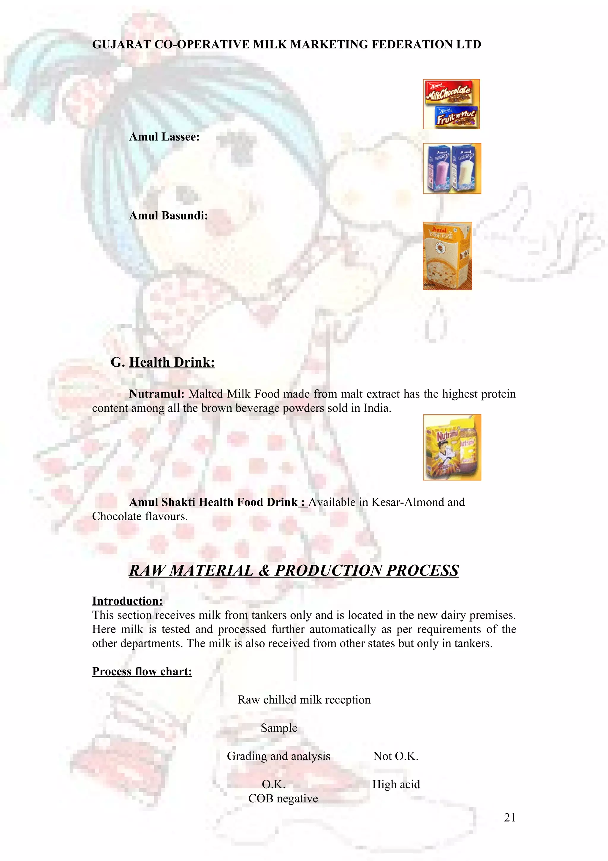 GUJARAT CO-OPERATIVE MILK MARKETING FEDERATION LTD 
Amul Lassee: 
Amul Basundi: 
G. Health Drink: 
Nutramul: Malted Milk Food made from malt extract has the highest protein 
content among all the brown beverage powders sold in India. 
Amul Shakti Health Food Drink : Available in Kesar-Almond and 
Chocolate flavours. 
RAW MATERIAL & PRODUCTION PROCESS 
Introduction: 
This section receives milk from tankers only and is located in the new dairy premises. 
Here milk is tested and processed further automatically as per requirements of the 
other departments. The milk is also received from other states but only in tankers. 
Process flow chart: 
Raw chilled milk reception 
Sample 
Grading and analysis Not O.K. 
O.K. High acid 
COB negative 
21 
 