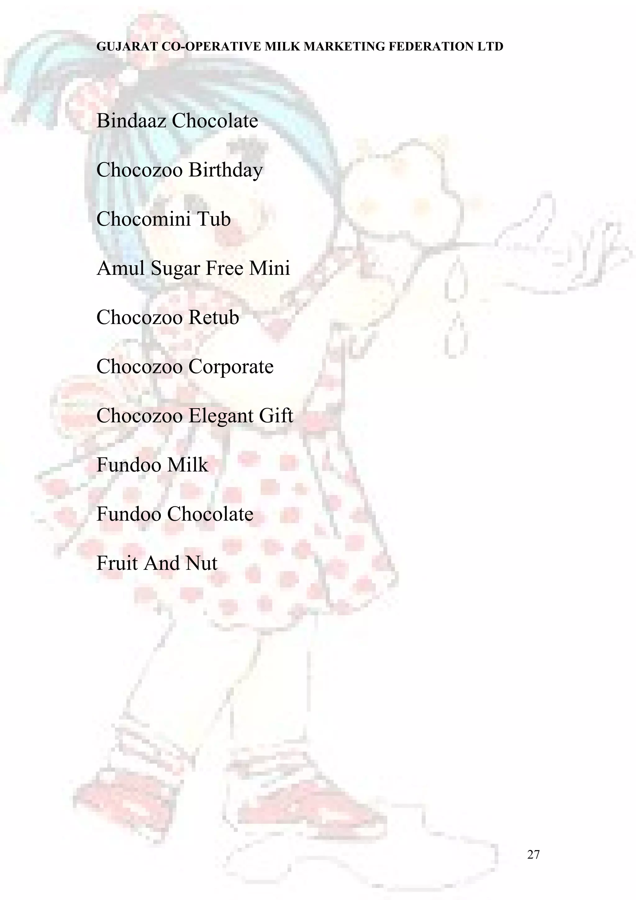 GUJARAT CO-OPERATIVE MILK MARKETING FEDERATION LTD 
Bindaaz Chocolate 
Chocozoo Birthday 
Chocomini Tub 
Amul Sugar Free Mini 
Chocozoo Retub 
Chocozoo Corporate 
Chocozoo Elegant Gift 
Fundoo Milk 
Fundoo Chocolate 
Fruit And Nut 
27 
 