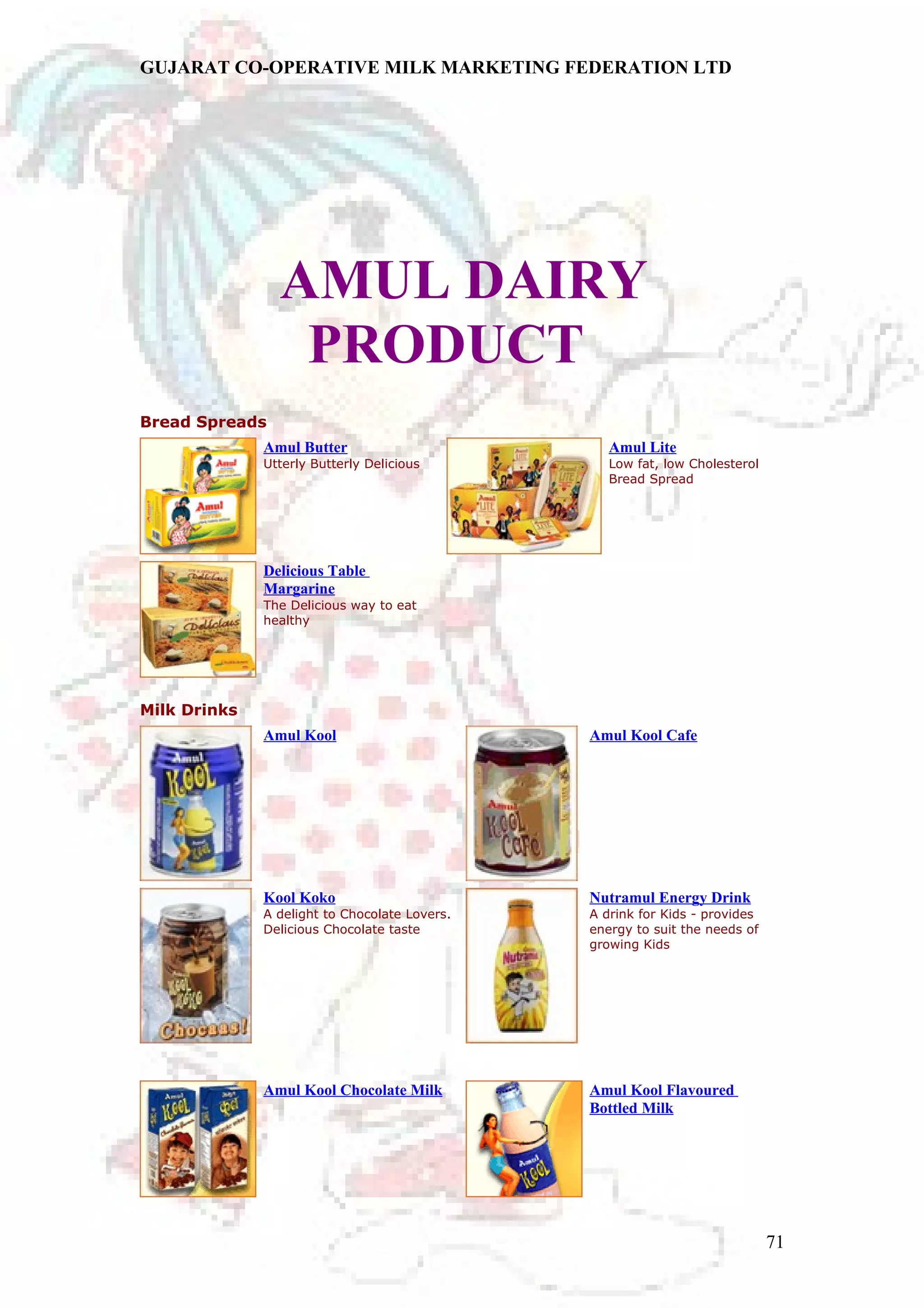 GUJARAT CO-OPERATIVE MILK MARKETING FEDERATION LTD 
AMUL DAIRY 
PRODUCT 
Bread Spreads 
Amul Butter 
Utterly Butterly Delicious 
Amul Lite 
Low fat, low Cholesterol 
Bread Spread 
Delicious Table 
Margarine 
The Delicious way to eat 
healthy 
Milk Drinks 
Amul Kool Amul Kool Cafe 
Kool Koko 
A delight to Chocolate Lovers. 
Delicious Chocolate taste 
Nutramul Energy Drink 
A drink for Kids - provides 
energy to suit the needs of 
growing Kids 
Amul Kool Chocolate Milk Amul Kool Flavoured 
Bottled Milk 
71 
 
