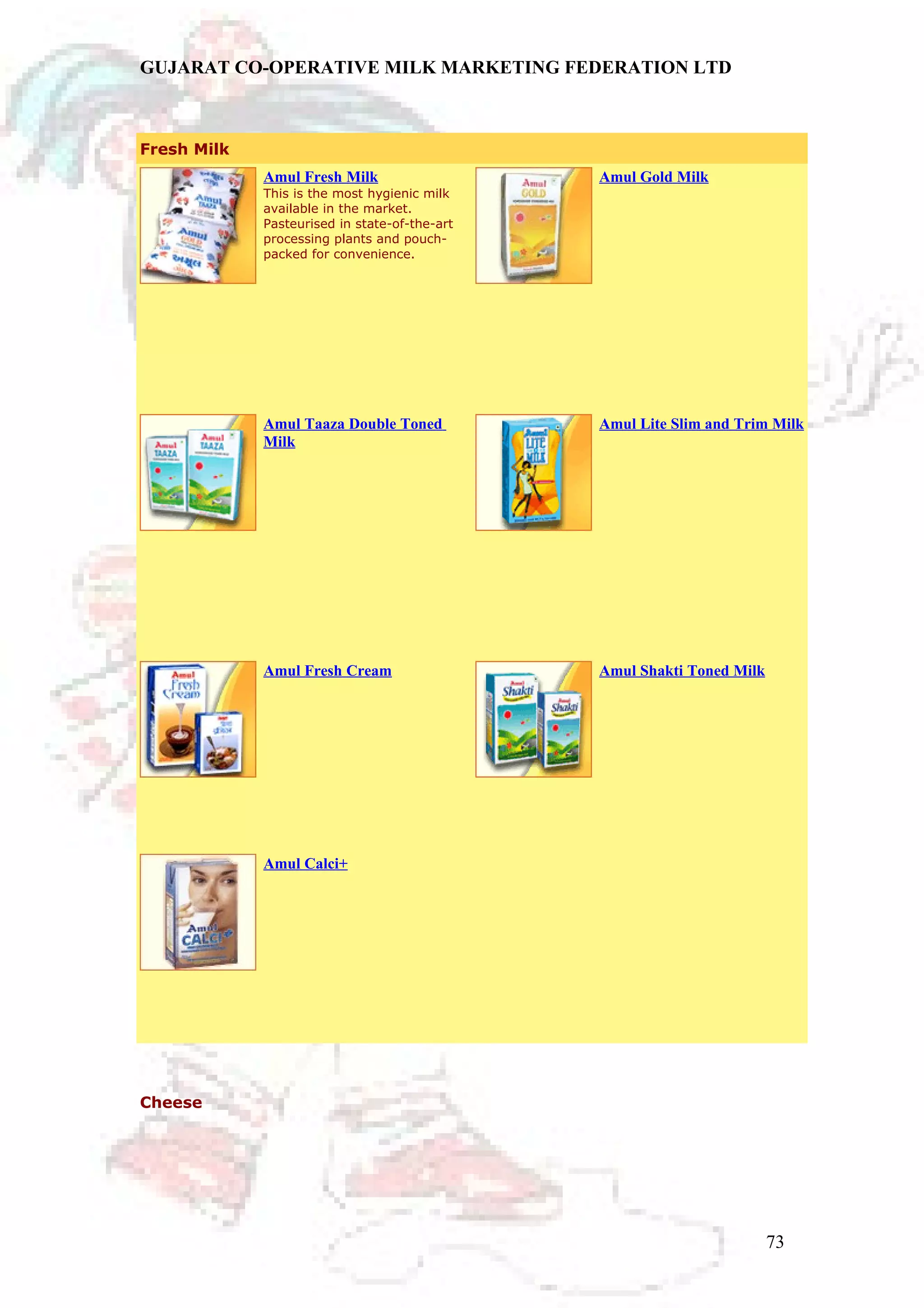 GUJARAT CO-OPERATIVE MILK MARKETING FEDERATION LTD 
Fresh Milk 
Cheese 
Amul Fresh Milk 
This is the most hygienic milk 
available in the market. 
Pasteurised in state-of-the-art 
processing plants and pouch-packed 
for convenience. 
Amul Gold Milk 
Amul Taaza Double Toned 
Milk 
Amul Lite Slim and Trim Milk 
Amul Fresh Cream Amul Shakti Toned Milk 
Amul Calci+ 
73 
 