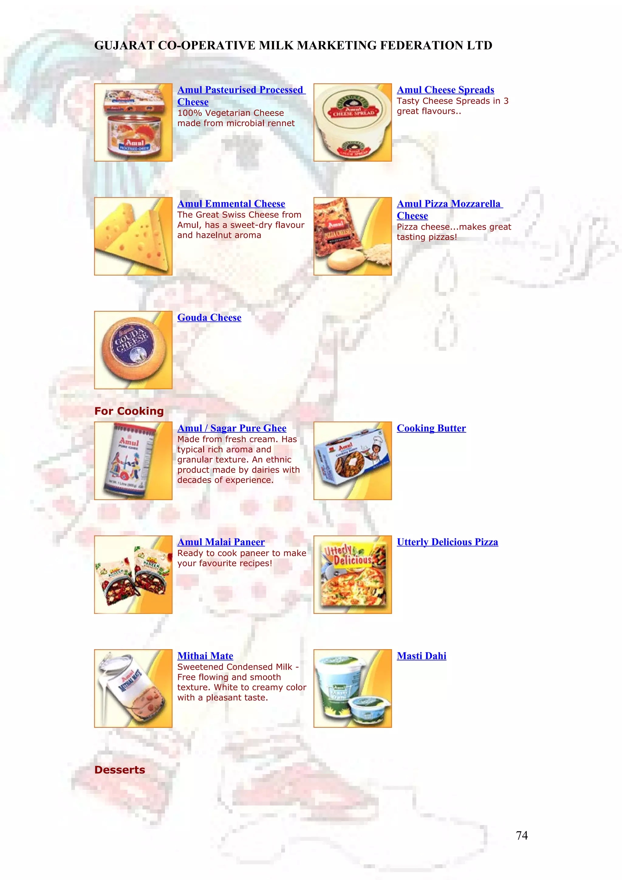 GUJARAT CO-OPERATIVE MILK MARKETING FEDERATION LTD 
Amul Pasteurised Processed 
Cheese 
100% Vegetarian Cheese 
made from microbial rennet 
Amul Cheese Spreads 
Tasty Cheese Spreads in 3 
great flavours.. 
Amul Emmental Cheese 
The Great Swiss Cheese from 
Amul, has a sweet-dry flavour 
and hazelnut aroma 
Amul Pizza Mozzarella 
Cheese 
Pizza cheese...makes great 
tasting pizzas! 
Gouda Cheese 
For Cooking 
Amul / Sagar Pure Ghee 
Made from fresh cream. Has 
typical rich aroma and 
granular texture. An ethnic 
product made by dairies with 
decades of experience. 
Cooking Butter 
Amul Malai Paneer 
Ready to cook paneer to make 
your favourite recipes! 
Utterly Delicious Pizza 
Mithai Mate 
Sweetened Condensed Milk - 
Free flowing and smooth 
texture. White to creamy color 
with a pleasant taste. 
Masti Dahi 
Desserts 
74 
 