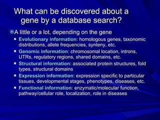 What can be discovered about a gene by a database search? A little or a lot, depending on the gene Evolutionary information : homologous genes, taxonomic distributions, allele frequencies, synteny, etc. Genomic information : chromosomal location, introns, UTRs, regulatory regions, shared domains, etc. Structural information : associated protein structures, fold types, structural domains Expression information : expression specific to particular tissues, developmental stages, phenotypes, diseases, etc. Functional information : enzymatic/molecular function, pathway/cellular role, localization, role in diseases 