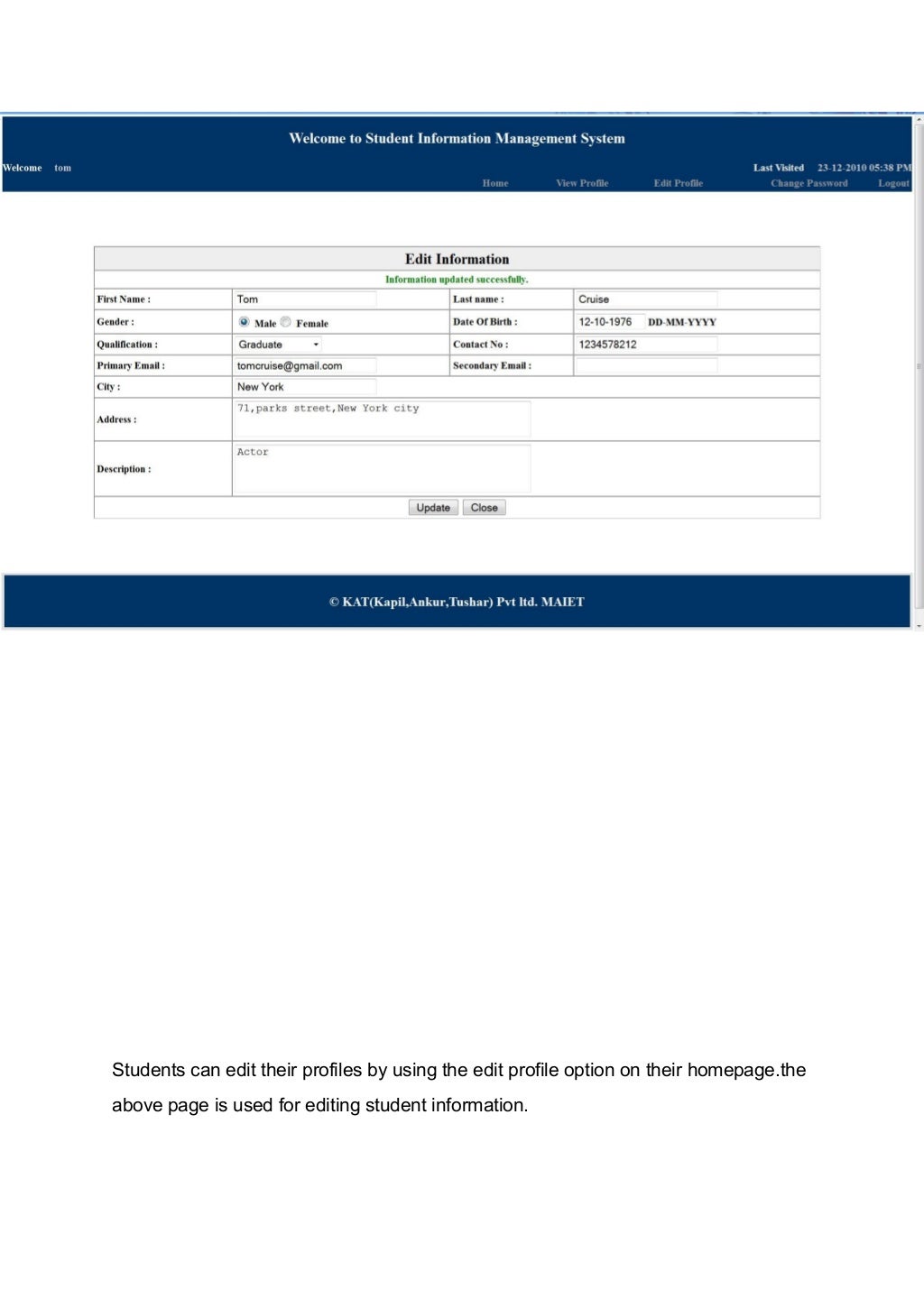 Project Report on student information management system php mysql