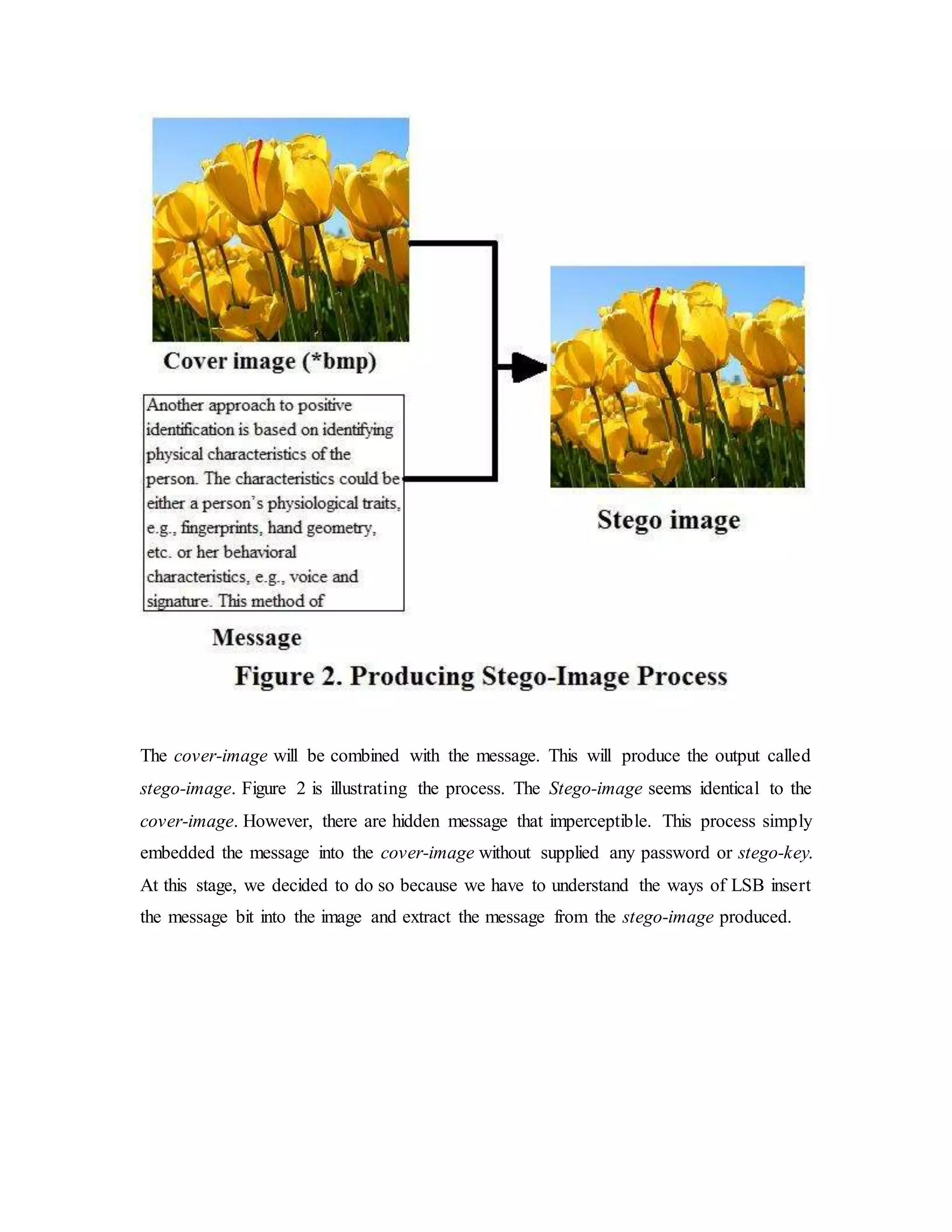 The cover-image will be combined with the message. This will produce the output called
stego-image. Figure 2 is illustrating the process. The Stego-image seems identical to the
cover-image. However, there are hidden message that imperceptible. This process simply
embedded the message into the cover-image without supplied any password or stego-key.
At this stage, we decided to do so because we have to understand the ways of LSB insert
the message bit into the image and extract the message from the stego-image produced.
 