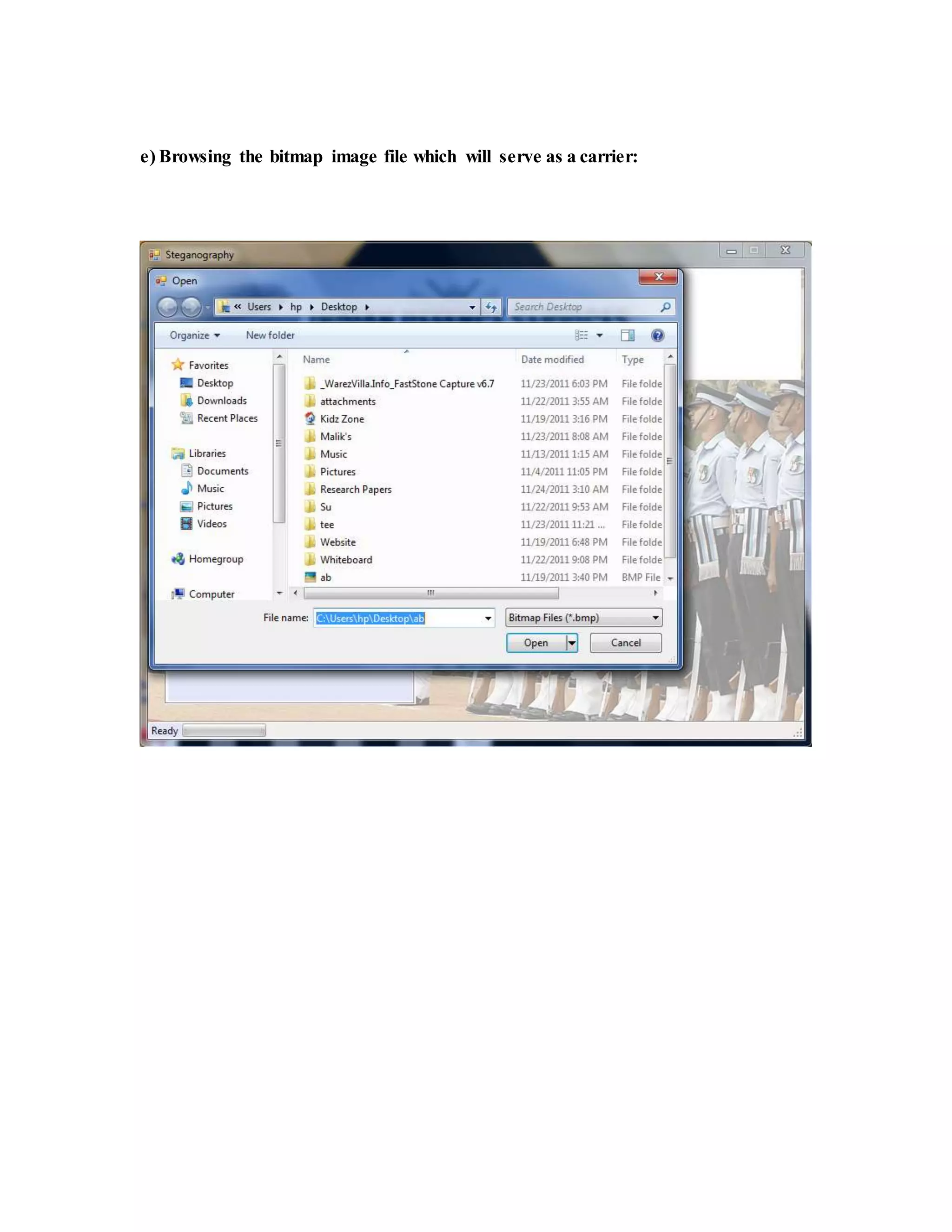e) Browsing the bitmap image file which will serve as a carrier:
 