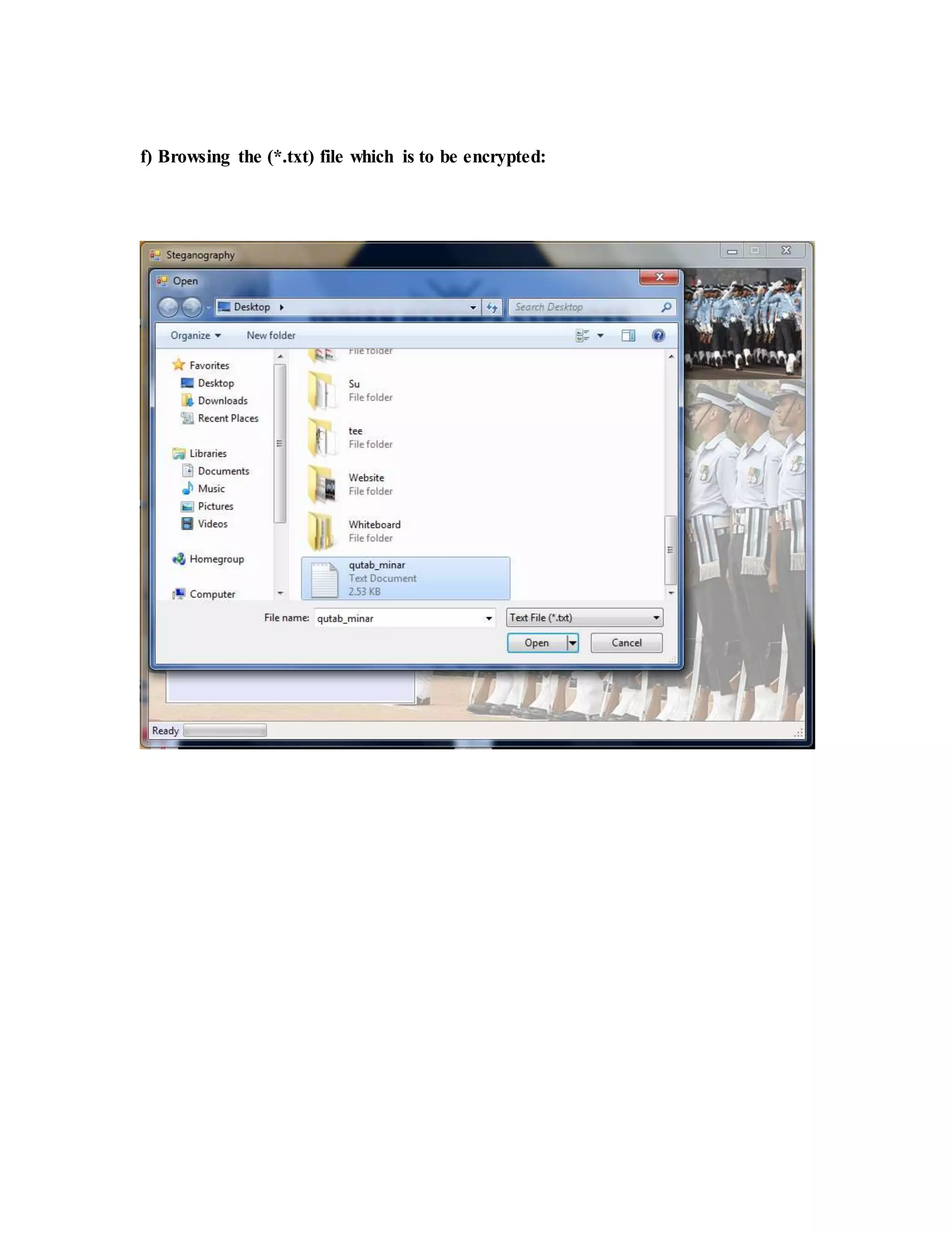 f) Browsing the (*.txt) file which is to be encrypted:
 