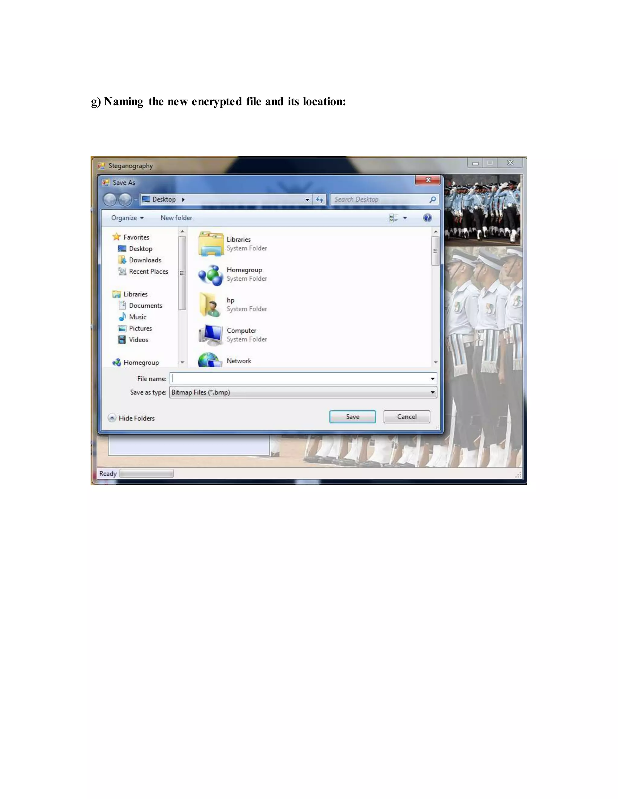 g) Naming the new encrypted file and its location:
 