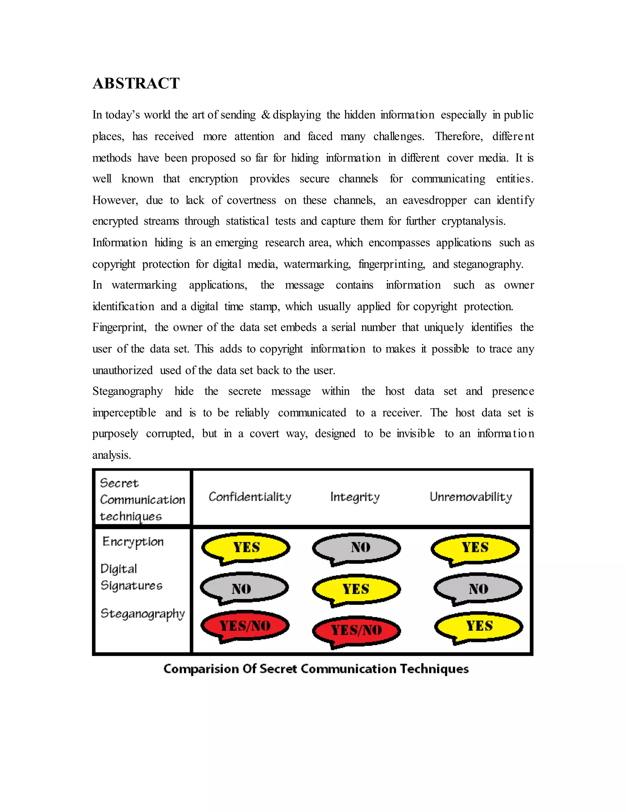 ABSTRACT
In today’s world the art of sending & displaying the hidden information especially in public
places, has received more attention and faced many challenges. Therefore, different
methods have been proposed so far for hiding information in different cover media. It is
well known that encryption provides secure channels for communicating entities.
However, due to lack of covertness on these channels, an eavesdropper can identify
encrypted streams through statistical tests and capture them for further cryptanalysis.
Information hiding is an emerging research area, which encompasses applications such as
copyright protection for digital media, watermarking, fingerprinting, and steganography.
In watermarking applications, the message contains information such as owner
identification and a digital time stamp, which usually applied for copyright protection.
Fingerprint, the owner of the data set embeds a serial number that uniquely identifies the
user of the data set. This adds to copyright information to makes it possible to trace any
unauthorized used of the data set back to the user.
Steganography hide the secrete message within the host data set and presence
imperceptible and is to be reliably communicated to a receiver. The host data set is
purposely corrupted, but in a covert way, designed to be invisible to an information
analysis.
 