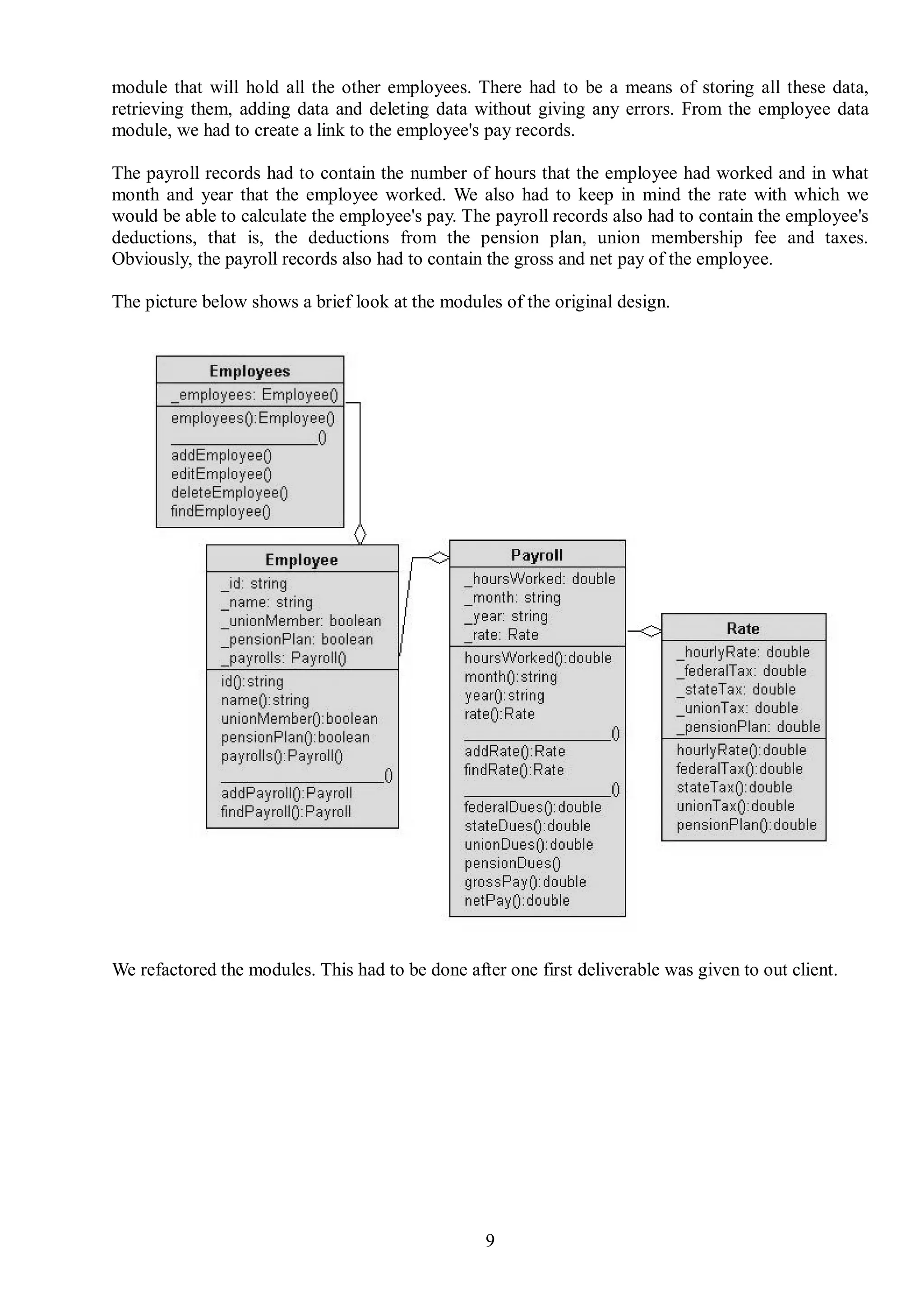 module that will hold all the other employees. There had to be a means of storing all these data,
retrieving them, adding data and deleting data without giving any errors. From the employee data
module, we had to create a link to the employee's pay records.

The payroll records had to contain the number of hours that the employee had worked and in what
month and year that the employee worked. We also had to keep in mind the rate with which we
would be able to calculate the employee's pay. The payroll records also had to contain the employee's
deductions, that is, the deductions from the pension plan, union membership fee and taxes.
Obviously, the payroll records also had to contain the gross and net pay of the employee.

The picture below shows a brief look at the modules of the original design.




We refactored the modules. This had to be done after one first deliverable was given to out client.




                                                  9
 