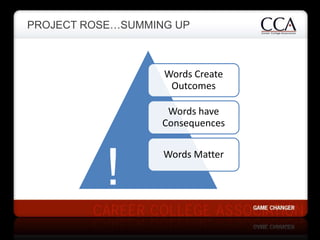 PROJECT ROSE…SUMMING UP



                   Words Create
                    Outcomes

                    Words have
  ...