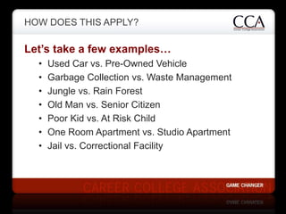 HOW DOES THIS APPLY?

Let’s take a few examples…
  •   Used Car vs. Pre-Owned Vehicle
  •   Garbage Collection vs. Waste M...