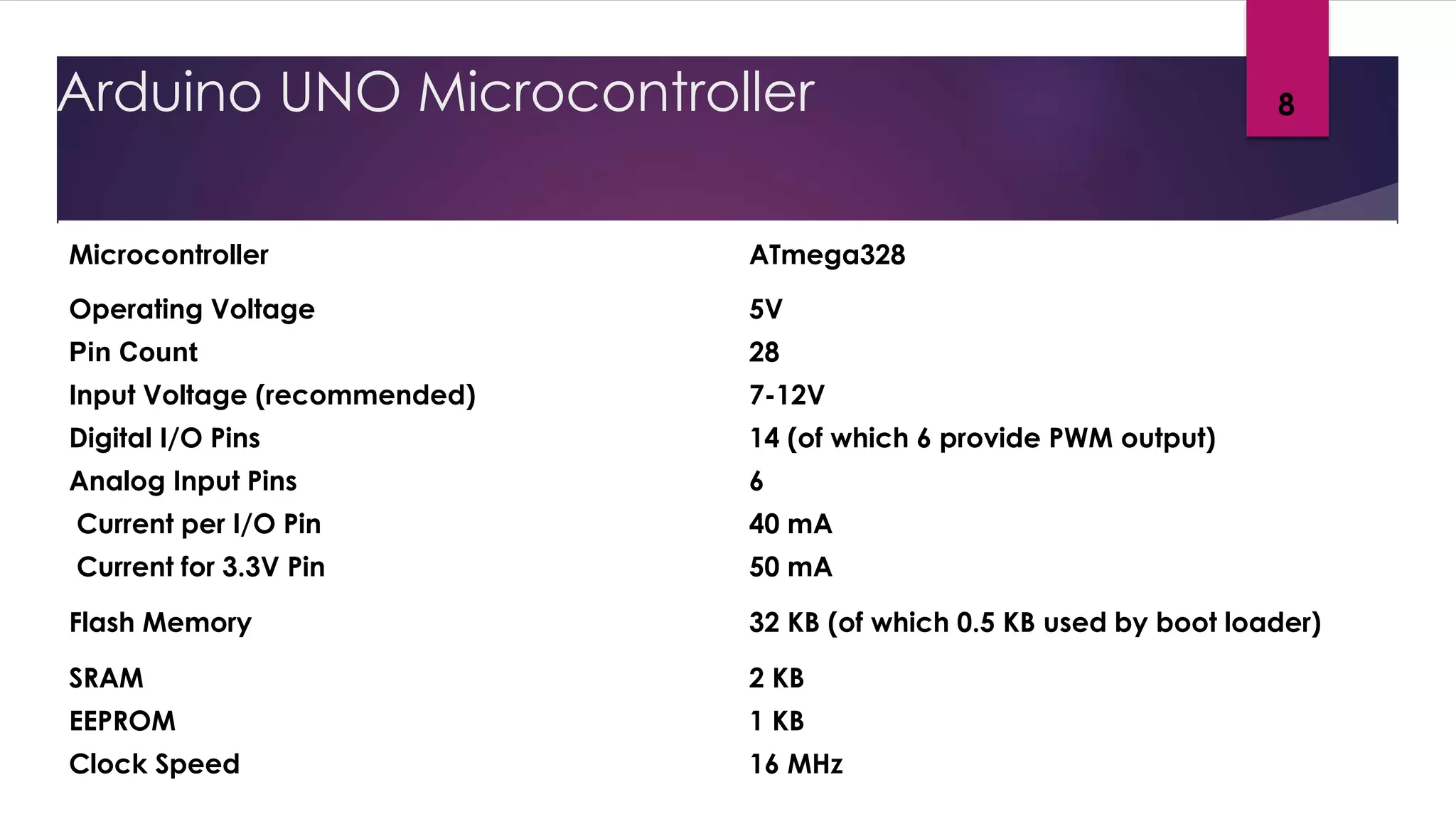 Arduino UNO Microcontroller
Microcontroller ATmega328
Operating Voltage 5V
Pin Count 28
Input Voltage (recommended) 7-12V
Digital I/O Pins 14 (of which 6 provide PWM output)
Analog Input Pins 6
Current per I/O Pin 40 mA
Current for 3.3V Pin 50 mA
Flash Memory 32 KB (of which 0.5 KB used by boot loader)
SRAM 2 KB
EEPROM 1 KB
Clock Speed 16 MHz
8
 