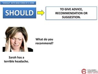 “SHOULD” WITH BASE FORM OF A VERB
SHOULD
TO GIVE ADVICE,
RECOMMENDATION OR
SUGGESTION.
Sarah has a
terrible headache.
What do you
recommend?
 