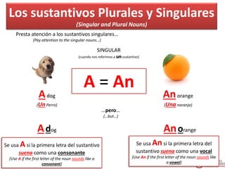 Los sustantivos Plurales y Singulares
(Singular and Plural Nouns)
Presta atención a los sustantivos singulares…
(Pay attention to the singular nouns…)
Adog
(UnPerro)
Anorange
(Unanaranja)
SINGULAR
(cuando nos referimos a un sustantivo)
A = An
…pero…
(…but…)
Adog Anorange
Se usa Asi la primera letra del sustantivo
suena como una consonante
(Use A if the first letter of the noun sounds like a
consonant)
Se usa An si la primera letra del
sustantivo suena como una vocal
(Use An if the first letter of the noun sounds like
a vowel)
 