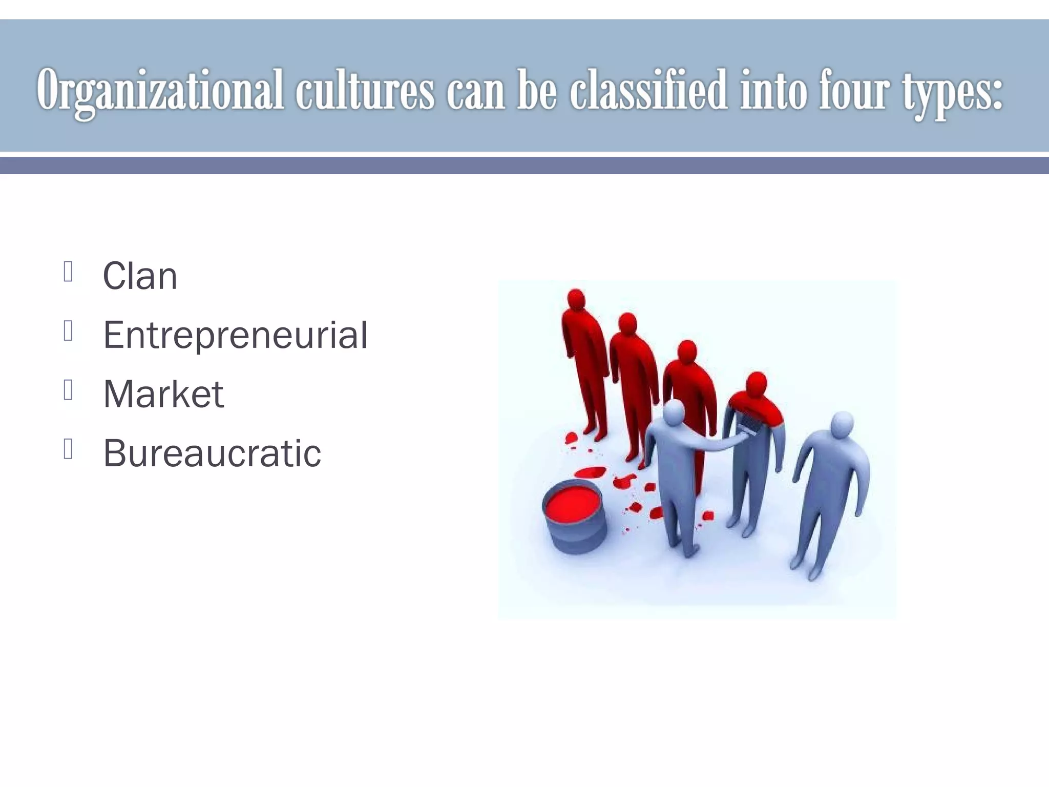  Clan
 Entrepreneurial
 Market
 Bureaucratic
 
