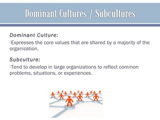 Dominant Culture:
Expresses the core values that are shared by a majority of the
organization.
Subculture:
Tend to develop in large organizations to reflect common
problems, situations, or experiences.
 
