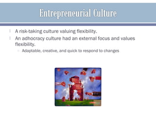  A risk-taking culture valuing flexibility.
 An adhocracy culture had an external focus and values
flexibility.
o Adaptable, creative, and quick to respond to changes
 