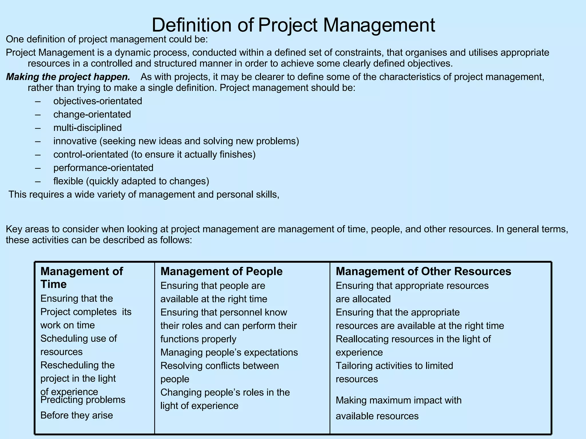 Definition of Project Management One definition of project management could be:  Project Management is a dynamic process, conducted within a defined set of constraints, that organises and utilises appropriate resources in a controlled and structured manner in order to achieve some clearly defined objectives. Making the project happen.     As with projects, it may be clearer to define some of the characteristics of project management, rather than trying to make a single definition. Project management should be: objectives-orientated  change-orientated  multi-disciplined  innovative (seeking new ideas and solving new problems)  control-orientated (to ensure it actually finishes)  performance-orientated  flexible (quickly adapted to changes)  This requires a wide variety of management and personal skills, Key areas to consider when looking at project management are management of time, people, and other resources. In general terms, these activities can be described as follows:  Management of Other Resources Ensuring that appropriate resources are allocated  Ensuring that the appropriate resources are available at the right time  Reallocating resources in the light of experience  Tailoring activities to limited resources  Making maximum impact with available resources Management of People Ensuring that people are available at the right time Ensuring that personnel know  their roles and can perform their  functions properly Managing people’s expectations  Resolving conflicts between people  Changing people’s roles in the light of experience  Management of Time Ensuring that the Project completes  its work on time  Scheduling use of resources  Rescheduling the project in the light of experience  Predicting problems Before they arise   