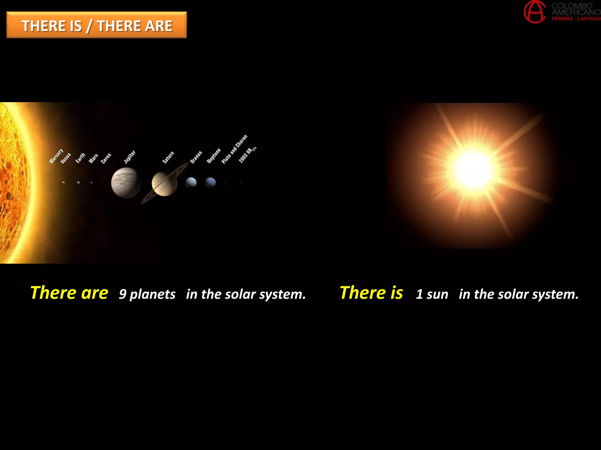THERE IS / THERE ARE




 There are   9 planets in the solar system.   There is   1 sun in the solar system.
 