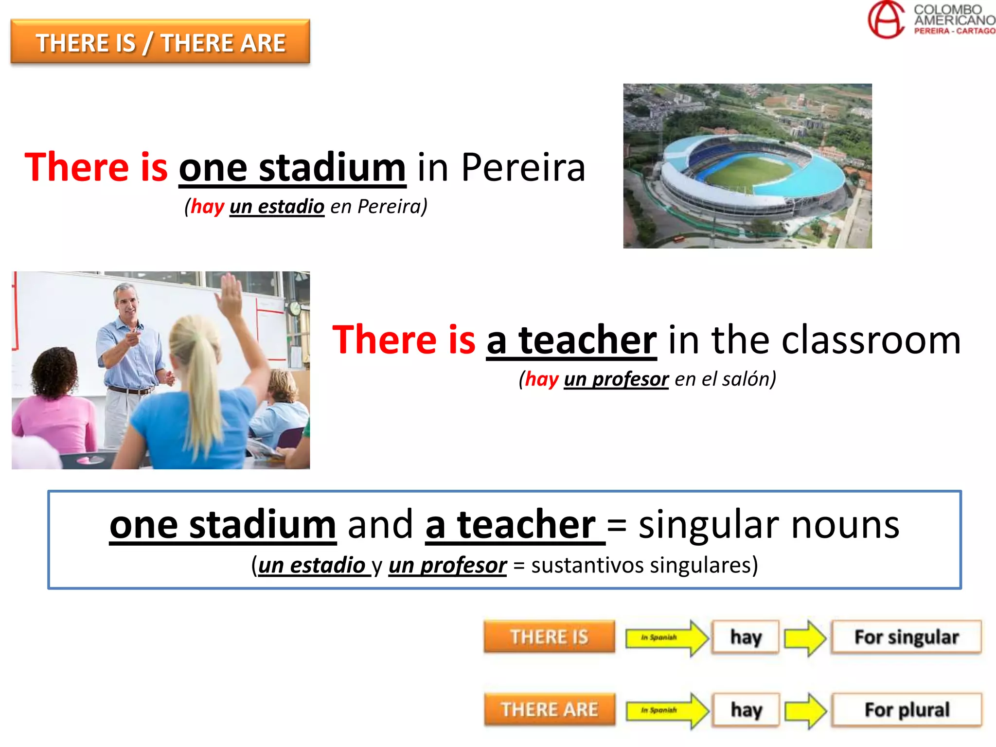 THERE IS / THERE ARE



There is one stadium in Pereira
           (hay un estadio en Pereira)




                           There is a teacher in the classroom
                                            (hay un profesor en el salón)




     one stadium and a teacher = singular nouns
                  (un estadio y un profesor = sustantivos singulares)
 