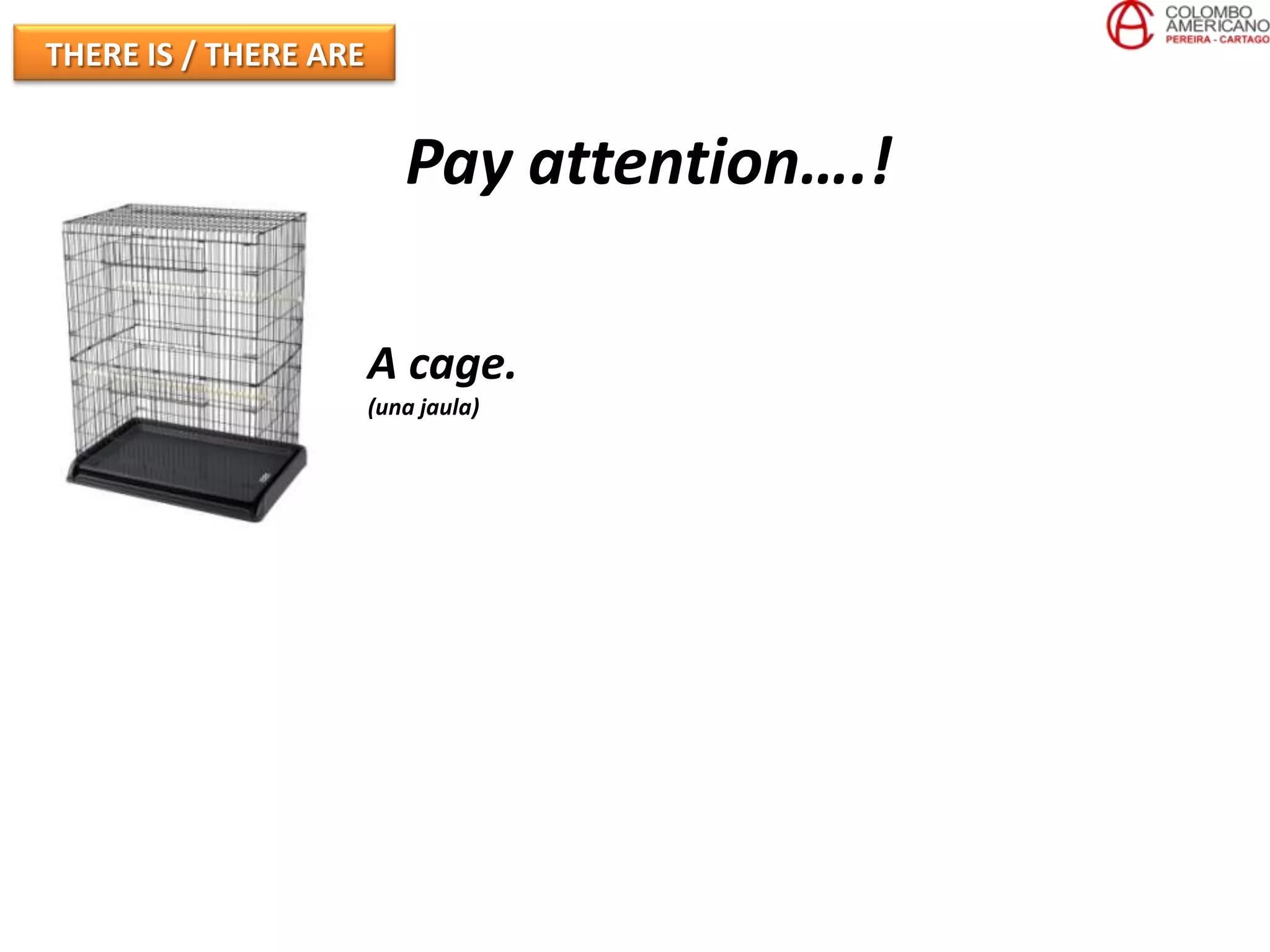 THERE IS / THERE ARE


                          Pay attention….!

                       A cage.
                       (una jaula)
 