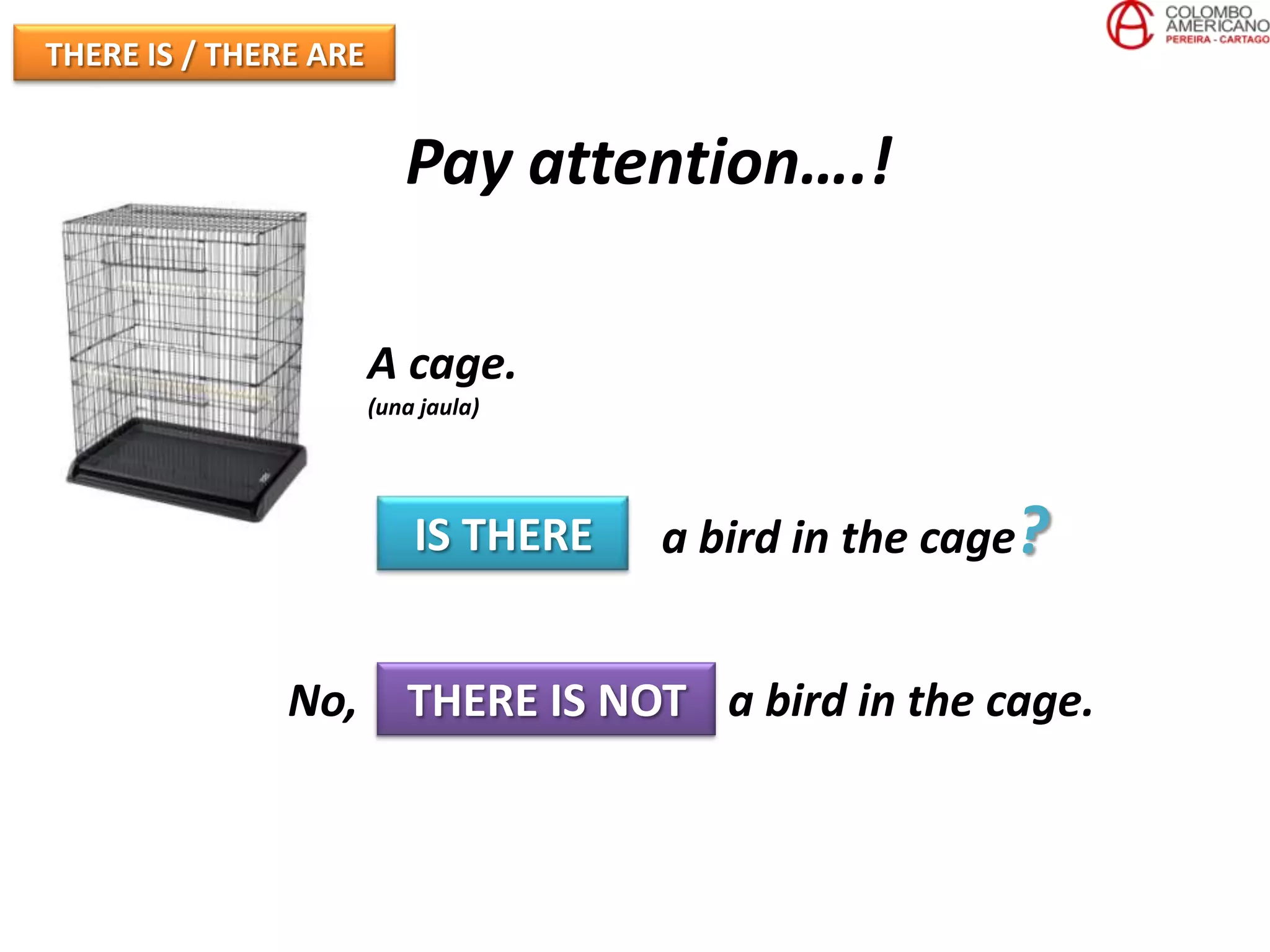 THERE IS / THERE ARE


                          Pay attention….!

                       A cage.
                       (una jaula)




                           IS THERE   a bird in the cage?


               No, THERE IS NOT a bird in the cage.
 