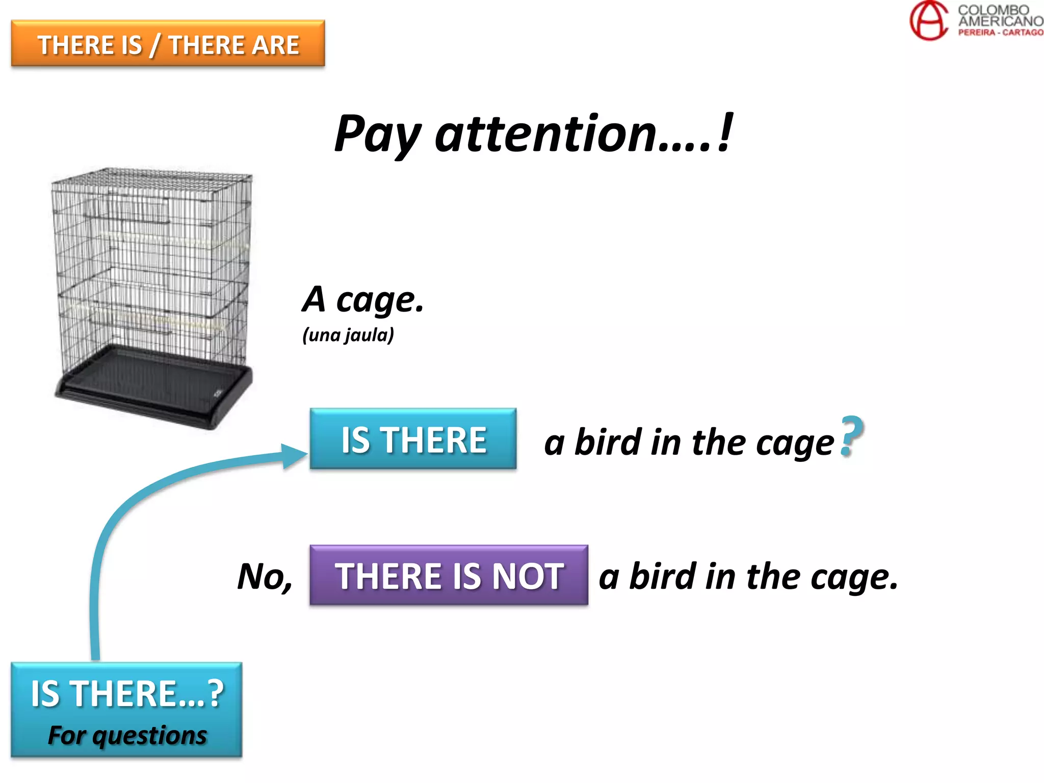 THERE IS / THERE ARE


                          Pay attention….!

                       A cage.
                       (una jaula)




                           IS THERE   a bird in the cage?


                No, THERE IS NOT a bird in the cage.

IS THERE…?
For questions
 