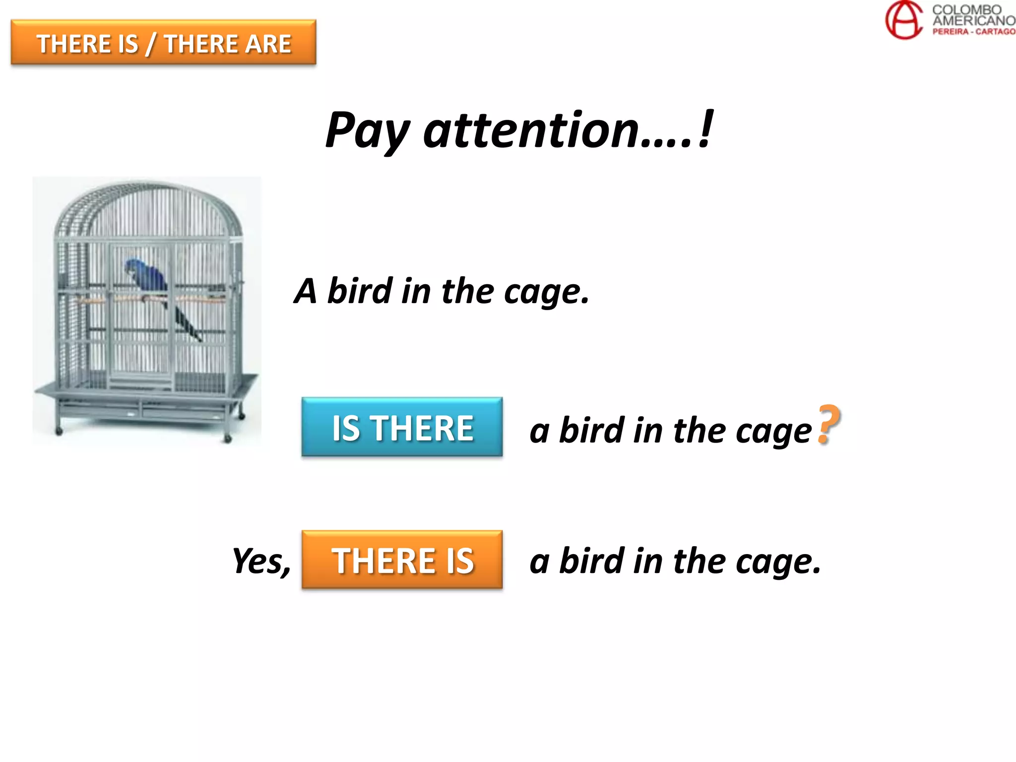 THERE IS / THERE ARE


                        Pay attention….!

                       A bird in the cage.


                         IS THERE     a bird in the cage?


               Yes, THERE IS          a bird in the cage.
 