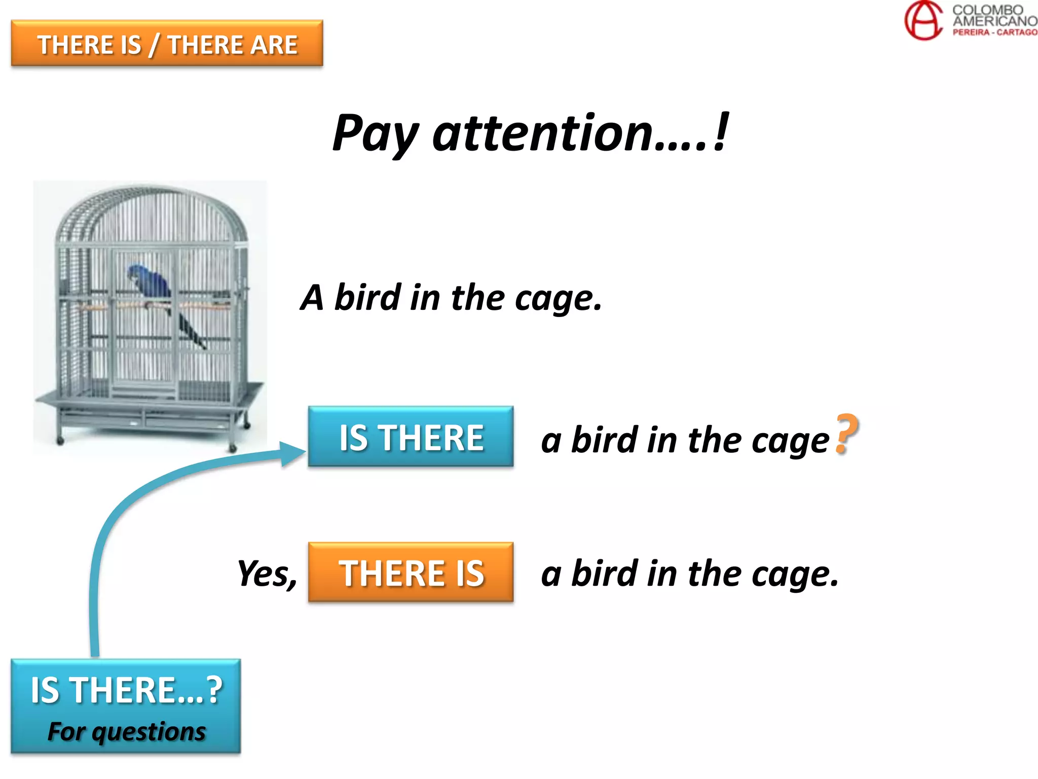 THERE IS / THERE ARE


                        Pay attention….!

                       A bird in the cage.


                         IS THERE     a bird in the cage?


                Yes, THERE IS         a bird in the cage.

IS THERE…?
For questions
 