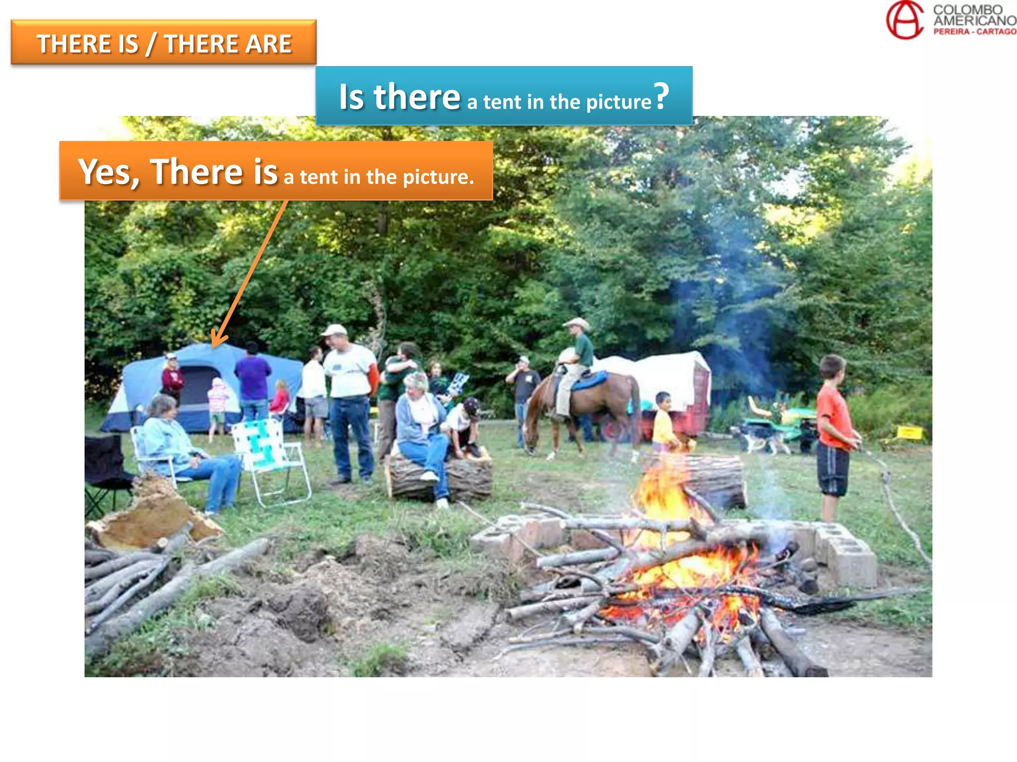 THERE IS / THERE ARE
                          Is there a tent in the picture?
   Yes, There is a tent in the picture.
 