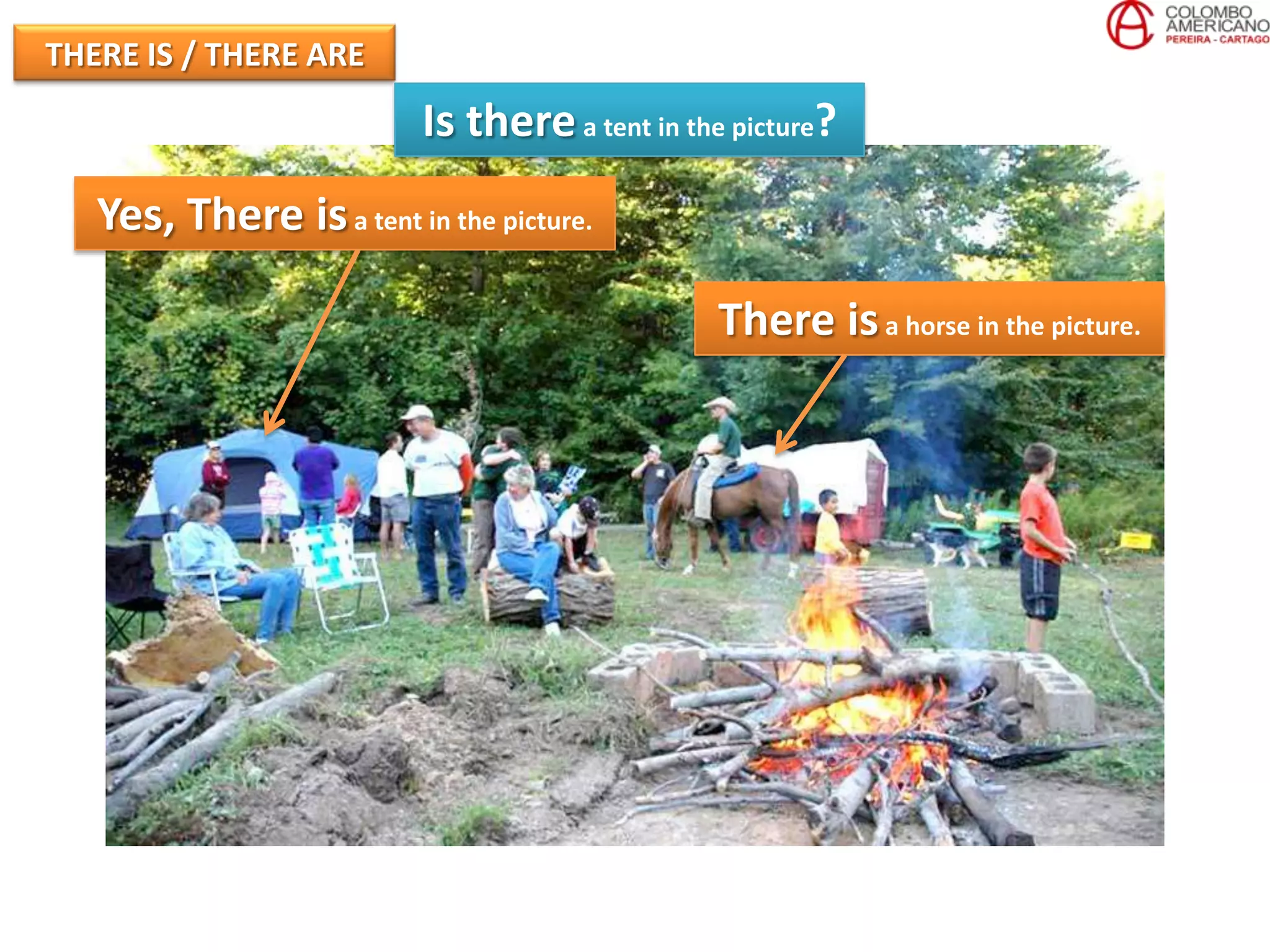 THERE IS / THERE ARE
                          Is there a tent in the picture?
   Yes, There is a tent in the picture.

                                                There is a horse in the picture.
 