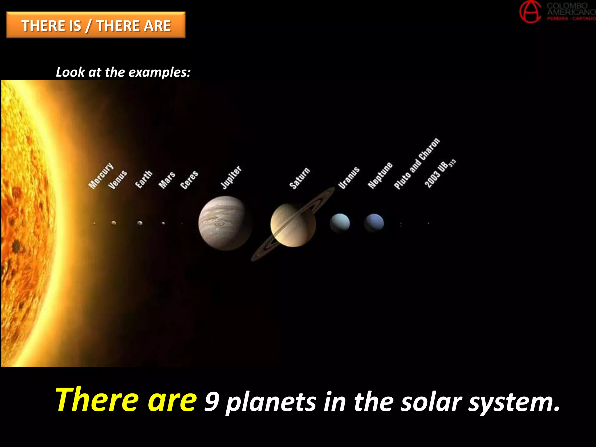 THERE IS / THERE ARE

    Look at the examples:




    There are 9 planets in the solar system.
 