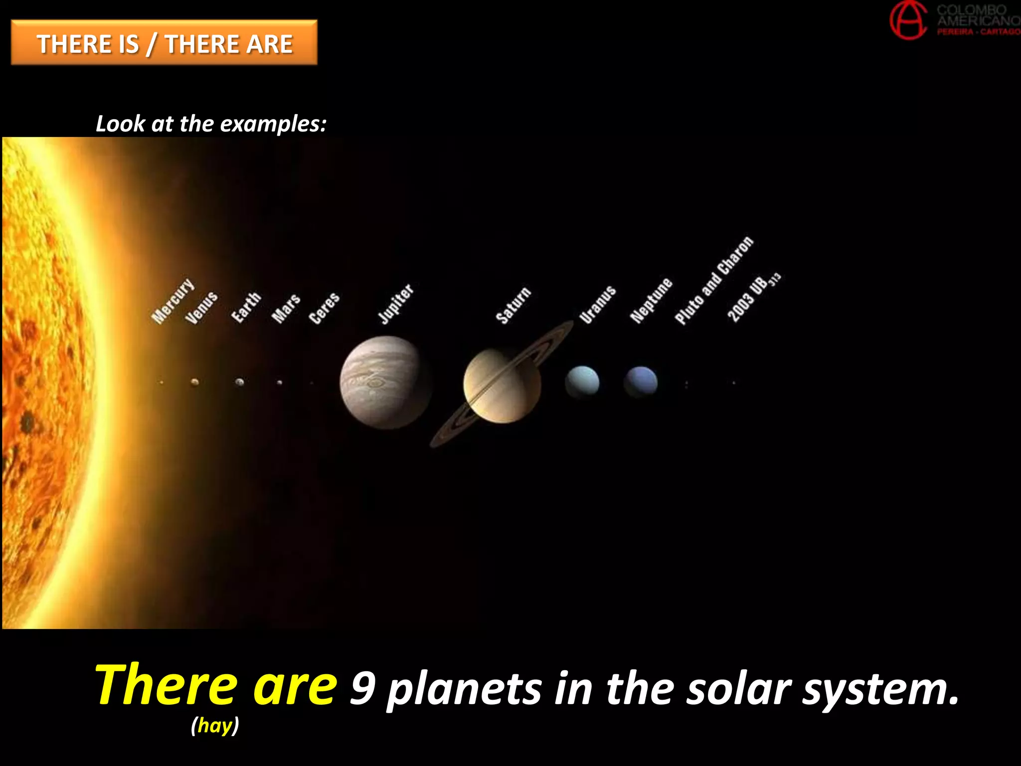 THERE IS / THERE ARE

    Look at the examples:




    There are 9 planets in the solar system.
            (hay)
 