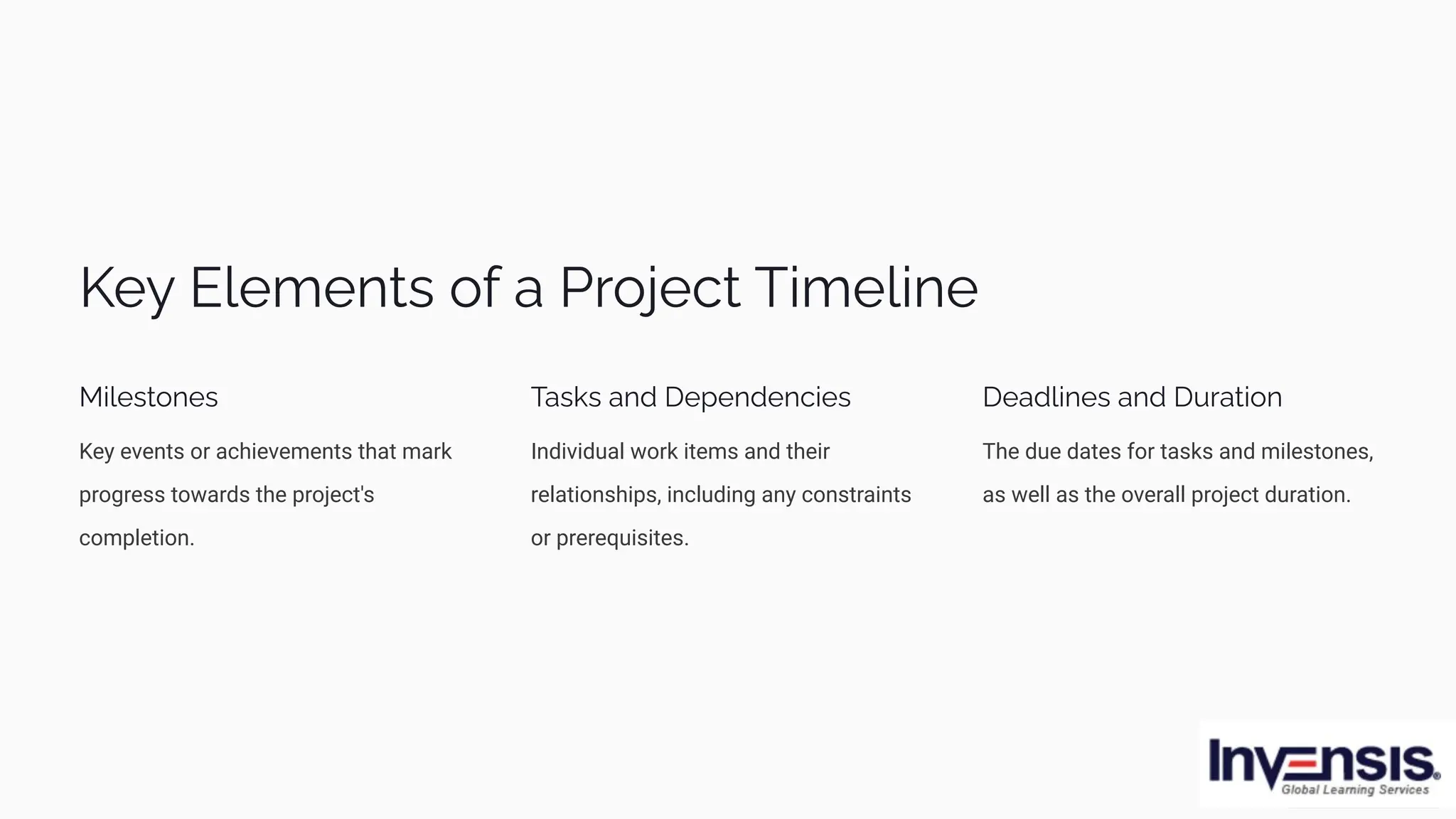 Key Elements of a Project Timeline
Milestones
Key events or achievements that mark
progress towards the project's
completion.
Tasks and Dependencies
Individual work items and their
relationships, including any constraints
or prerequisites.
Deadlines and Duration
The due dates for tasks and milestones,
as well as the overall project duration.
 