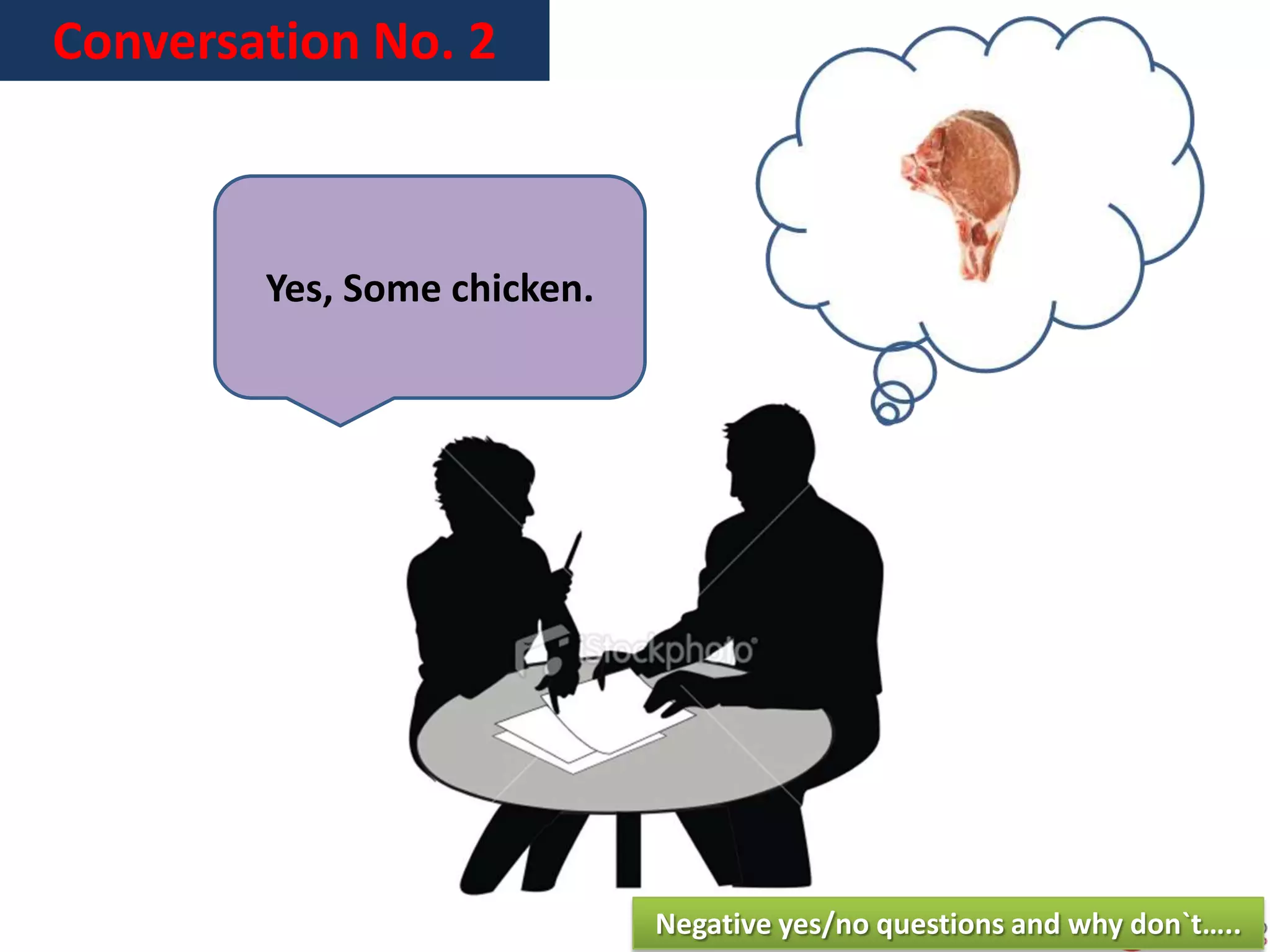 Conversation No. 2
Yes, Some chicken.
Negative yes/no questions and why don`t…..
 