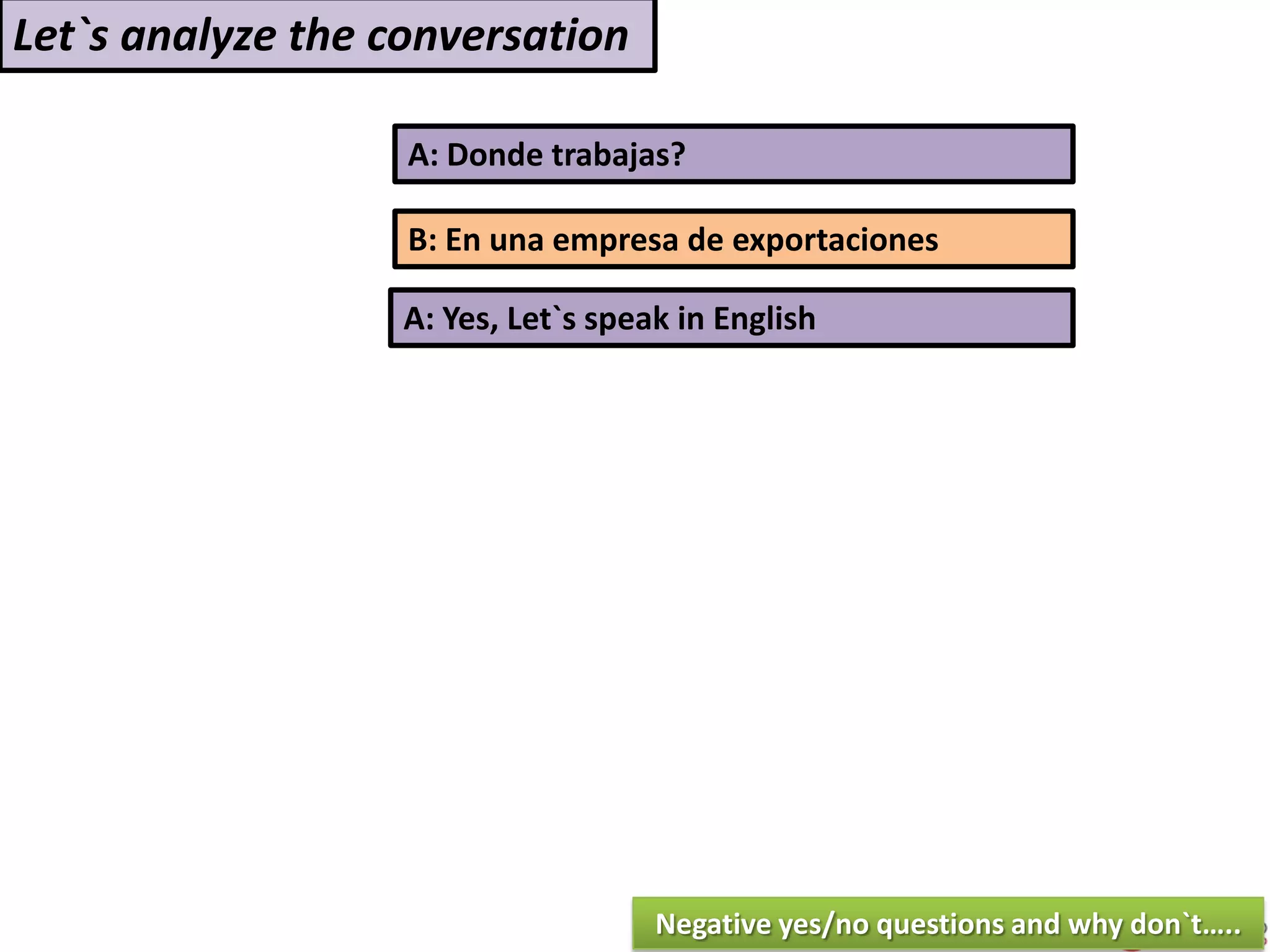 A: Donde trabajas?
A: Yes, Let`s speak in English
Let`s analyze the conversation
Negative yes/no questions and why don`t…..
B: En una empresa de exportaciones
 
