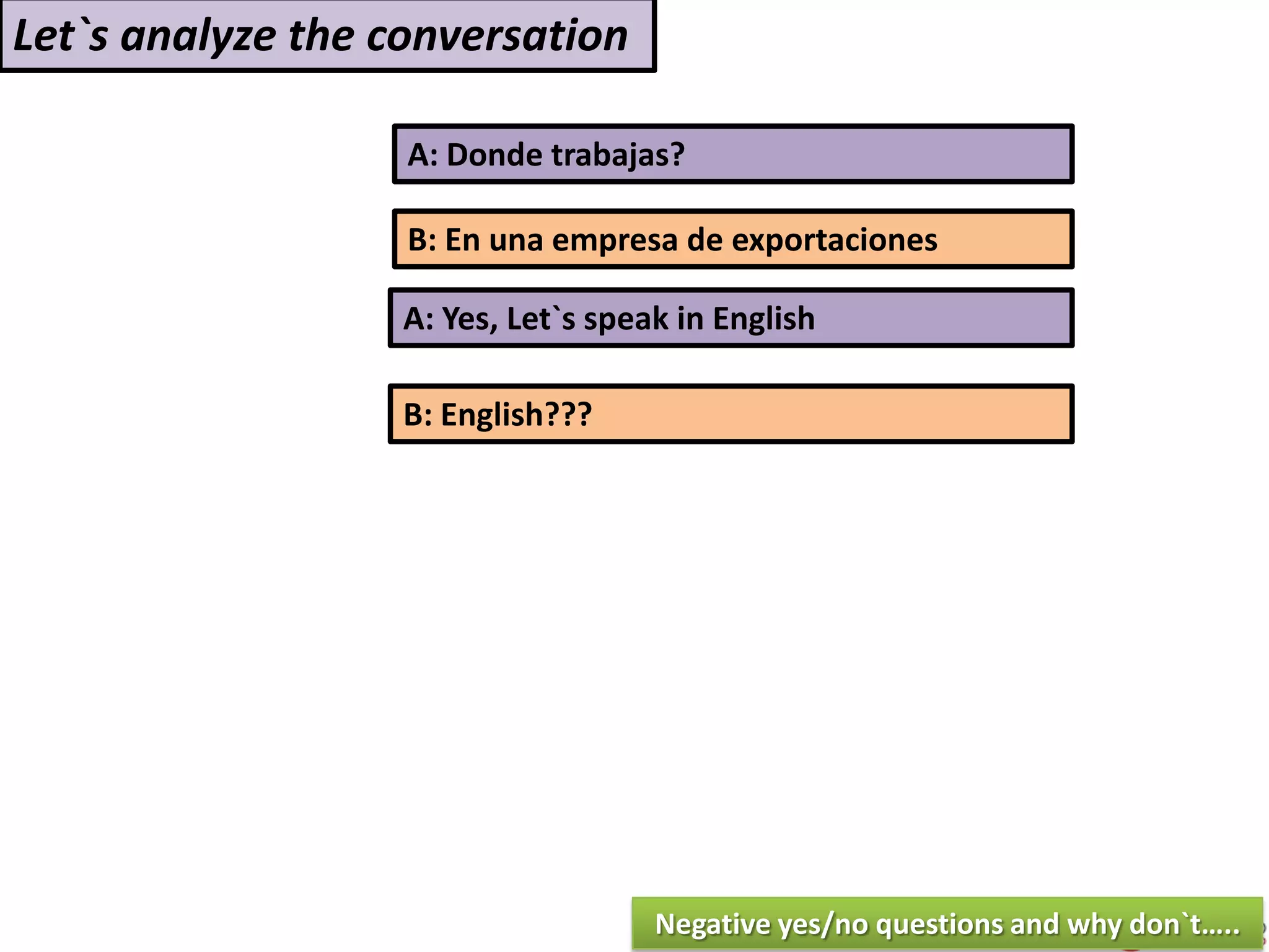 A: Donde trabajas?
A: Yes, Let`s speak in English
B: English???
Let`s analyze the conversation
Negative yes/no questions and why don`t…..
B: En una empresa de exportaciones
 