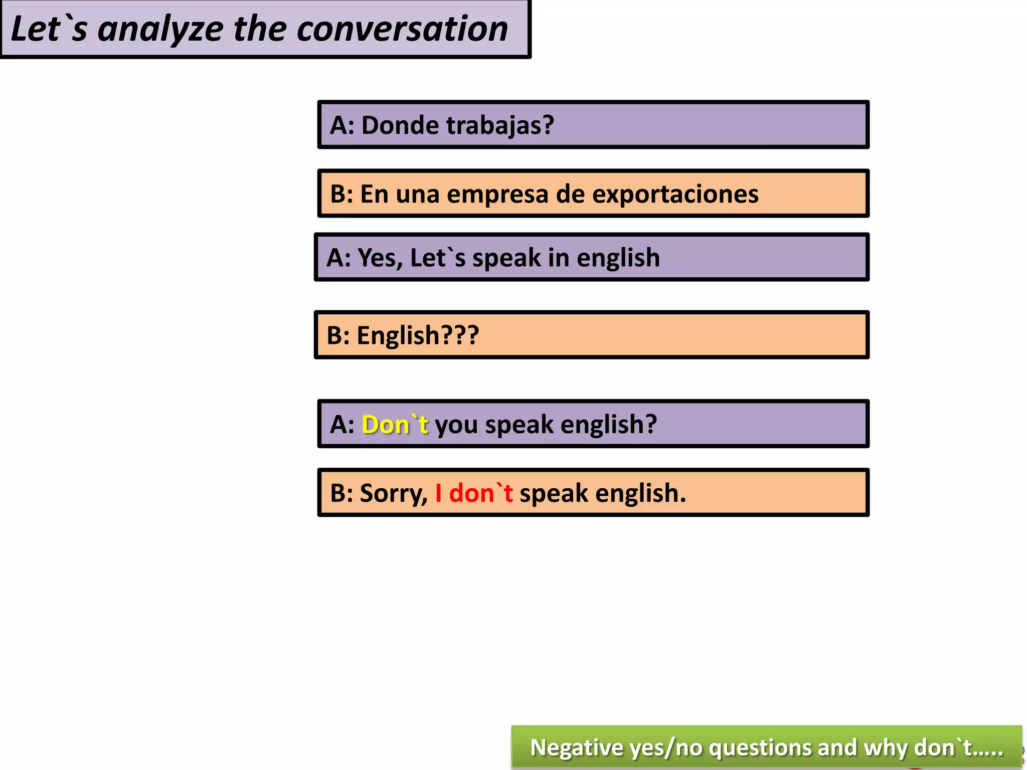 A: Donde trabajas?
A: Yes, Let`s speak in english
B: English???
Let`s analyze the conversation
A: Don`t you speak english?
B: Sorry, I don`t speak english.
Negative yes/no questions and why don`t…..
B: En una empresa de exportaciones
 