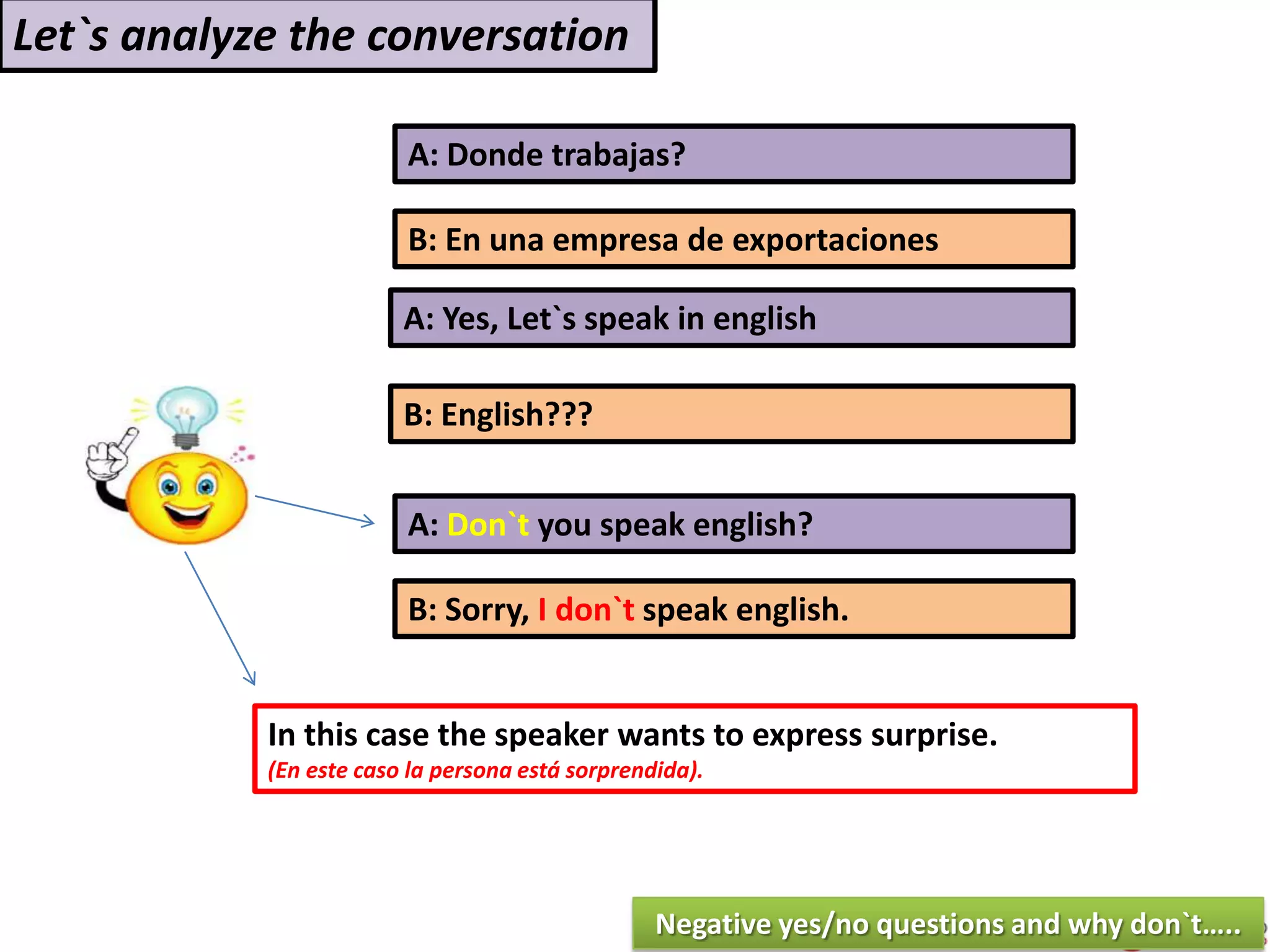 A: Donde trabajas?
A: Yes, Let`s speak in english
B: English???
In this case the speaker wants to express surprise.
(En este caso la persona está sorprendida).
Let`s analyze the conversation
A: Don`t you speak english?
B: Sorry, I don`t speak english.
Negative yes/no questions and why don`t…..
B: En una empresa de exportaciones
 