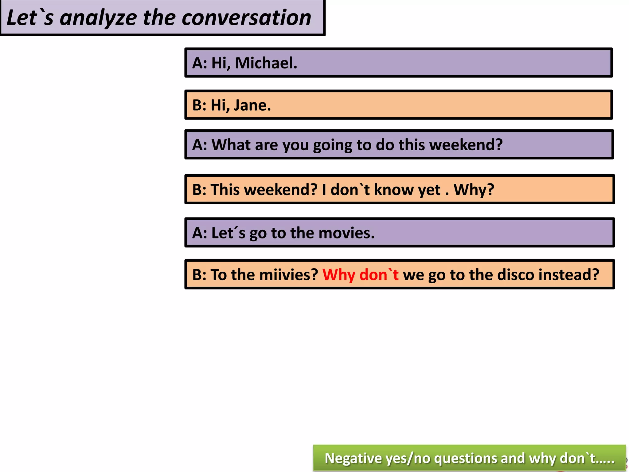 A: Hi, Michael.
B: Hi, Jane.
A: What are you going to do this weekend?
B: This weekend? I don`t know yet . Why?
Let`s analyze the conversation
A: Let´s go to the movies.
B: To the miivies? Why don`t we go to the disco instead?
Negative yes/no questions and why don`t…..
 