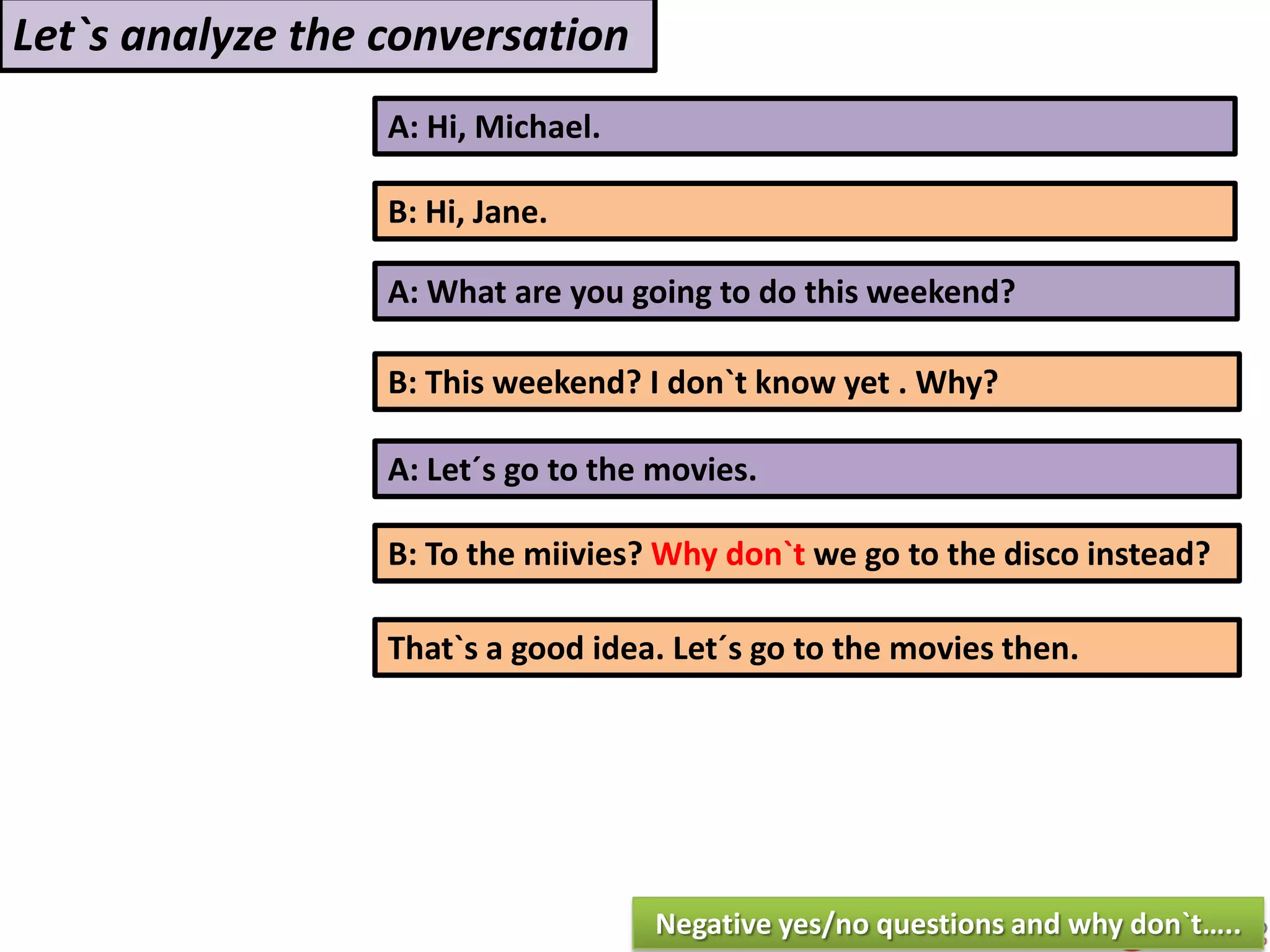 A: Hi, Michael.
B: Hi, Jane.
A: What are you going to do this weekend?
B: This weekend? I don`t know yet . Why?
Let`s analyze the conversation
A: Let´s go to the movies.
B: To the miivies? Why don`t we go to the disco instead?
That`s a good idea. Let´s go to the movies then.
Negative yes/no questions and why don`t…..
 
